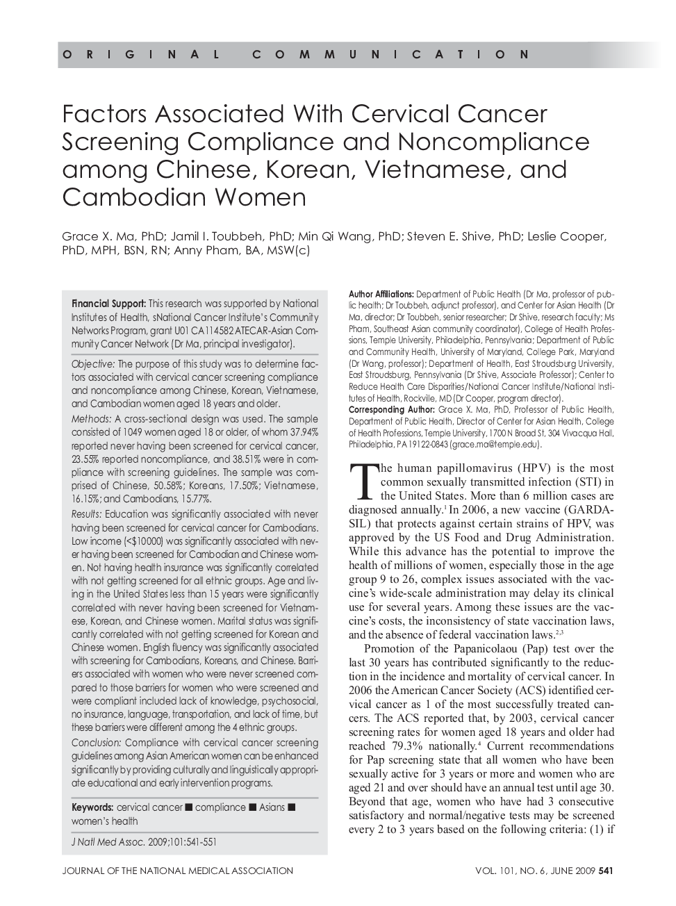 Factors Associated With Cervical Cancer Screening Compliance and Noncompliance among Chinese, Korean, Vietnamese, and Cambodian Women