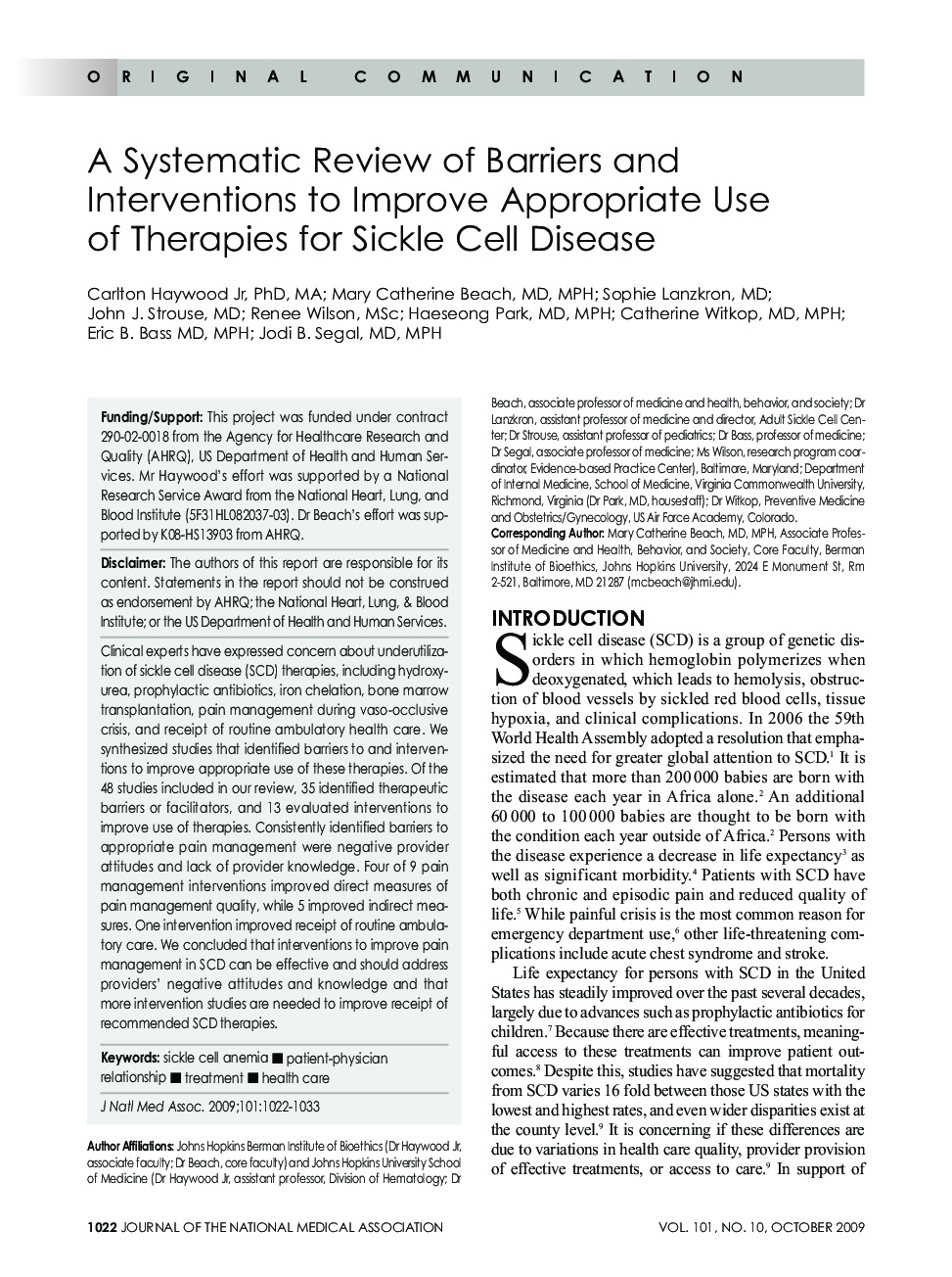 A Systematic Review of Barriers and Interventions to Improve Appropriate Use of Therapies for Sickle Cell Disease