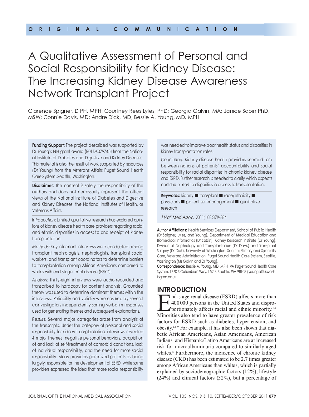 A Qualitative Assessment of Personal and Social Responsibility for Kidney Disease: The Increasing Kidney Disease Awareness Network Transplant Project