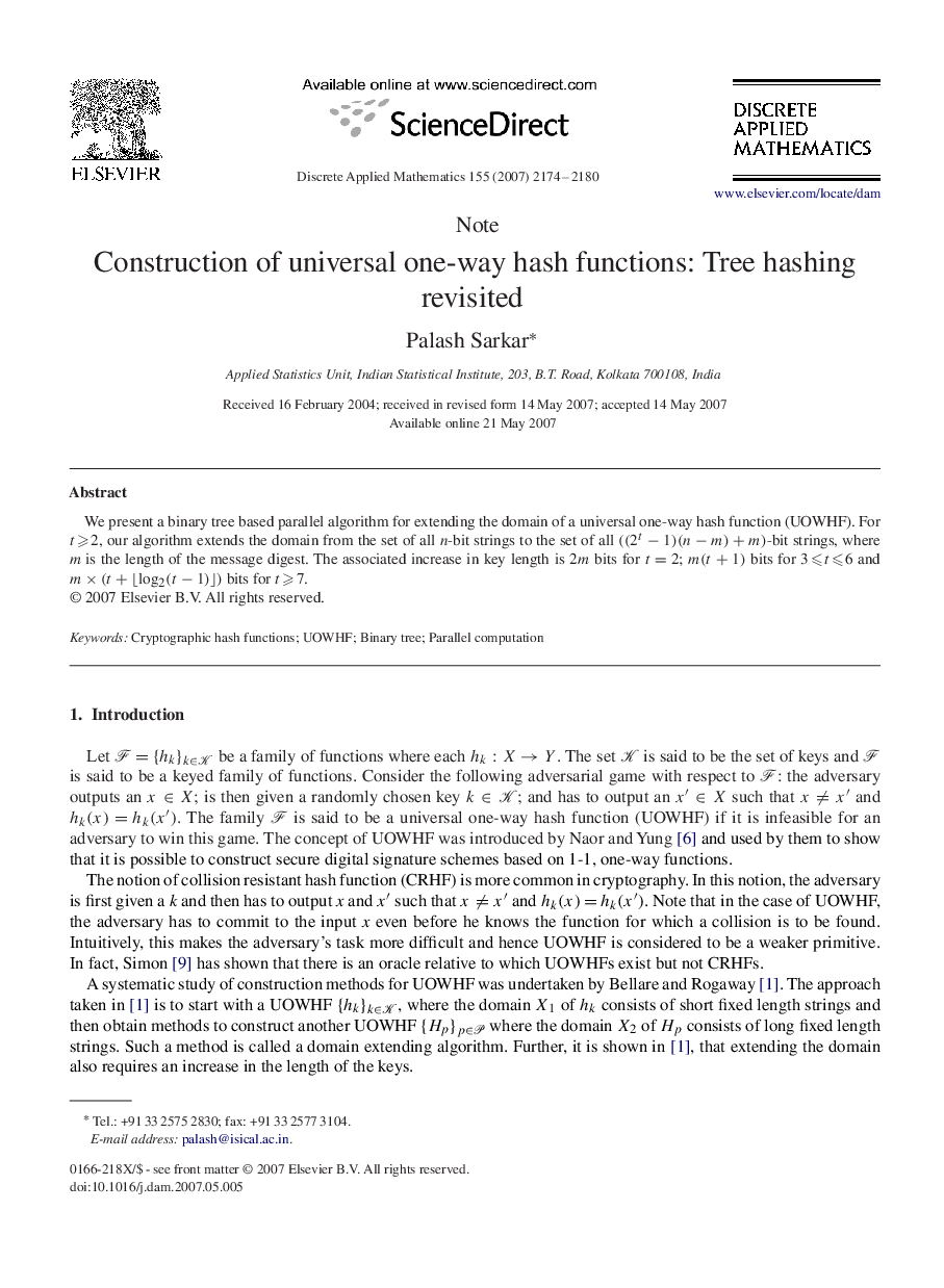 Construction of universal one-way hash functions: Tree hashing revisited