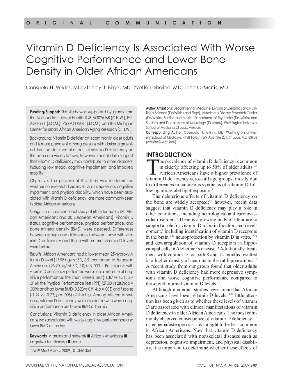 Vitamin D Deficiency Is Associated With Worse Cognitive Performance and Lower Bone Density in Older African Americans