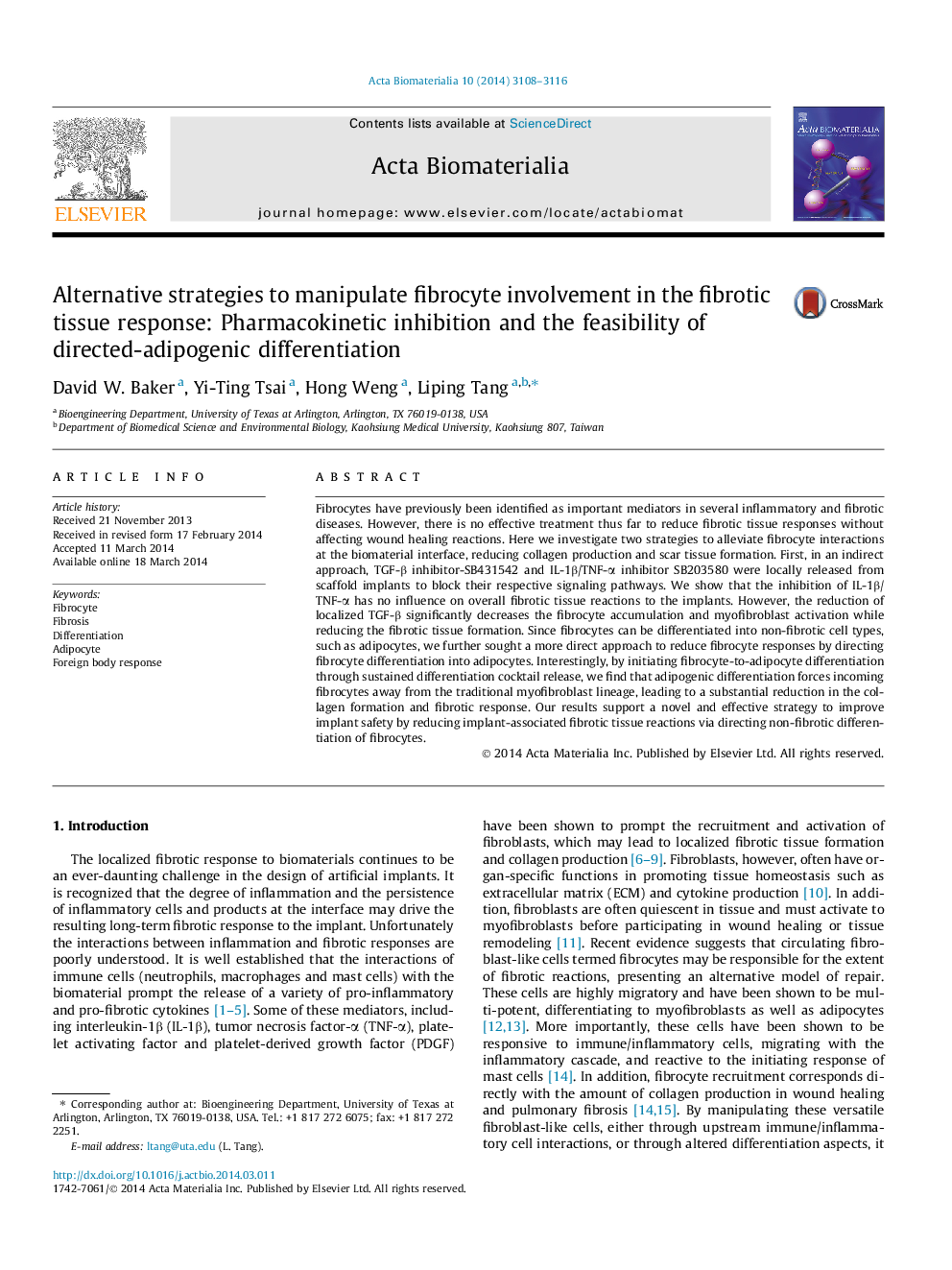 Alternative strategies to manipulate fibrocyte involvement in the fibrotic tissue response: Pharmacokinetic inhibition and the feasibility of directed-adipogenic differentiation