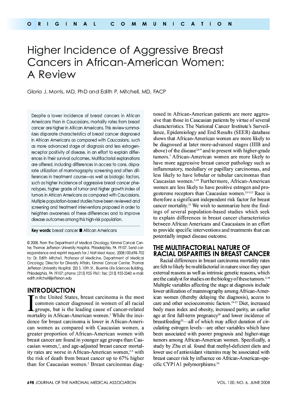 Higher Incidence of Aggressive Breast Cancers in African-American Women: A Review