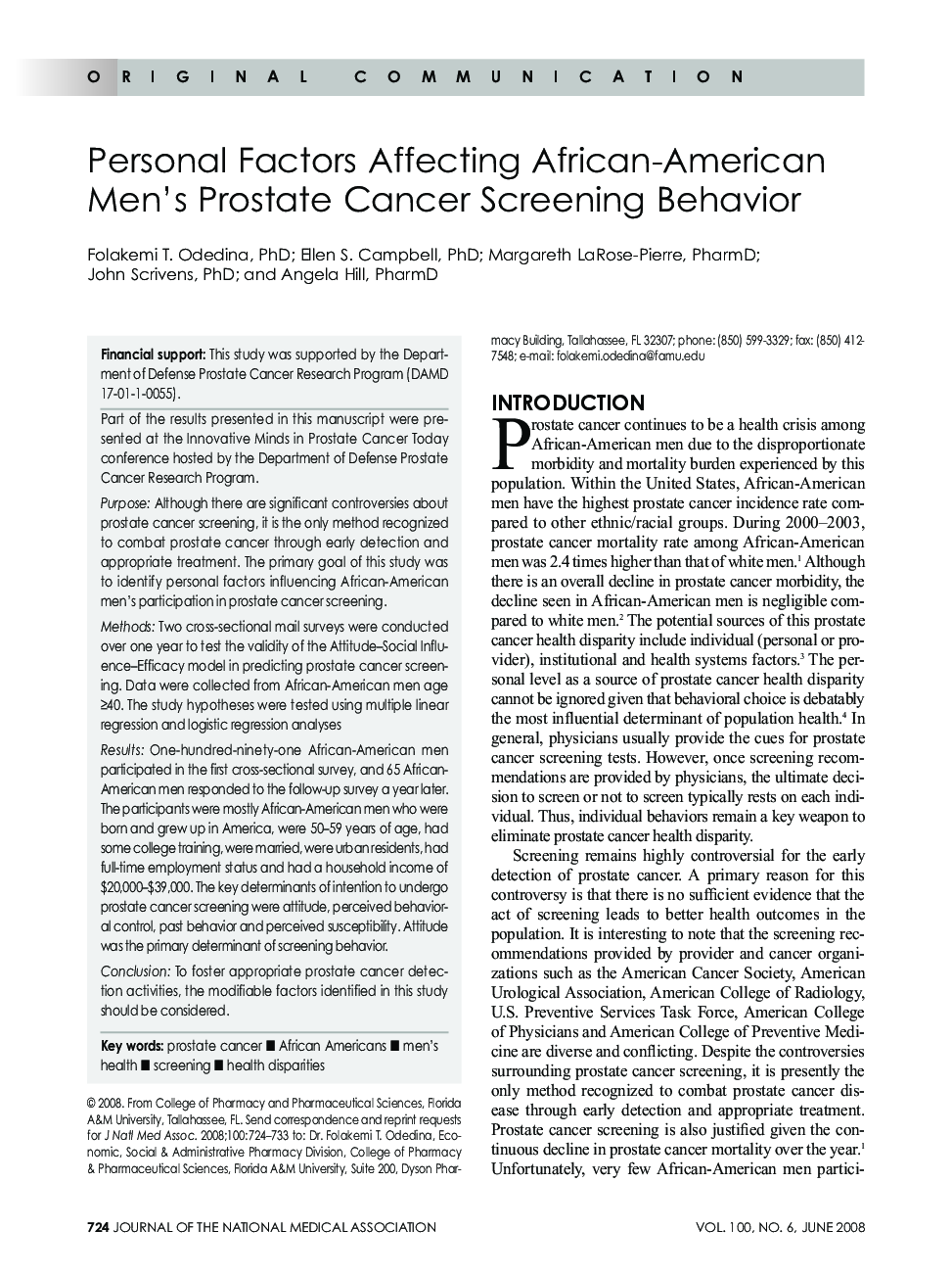 Personal Factors Affecting African-American Men's Prostate Cancer Screening Behavior