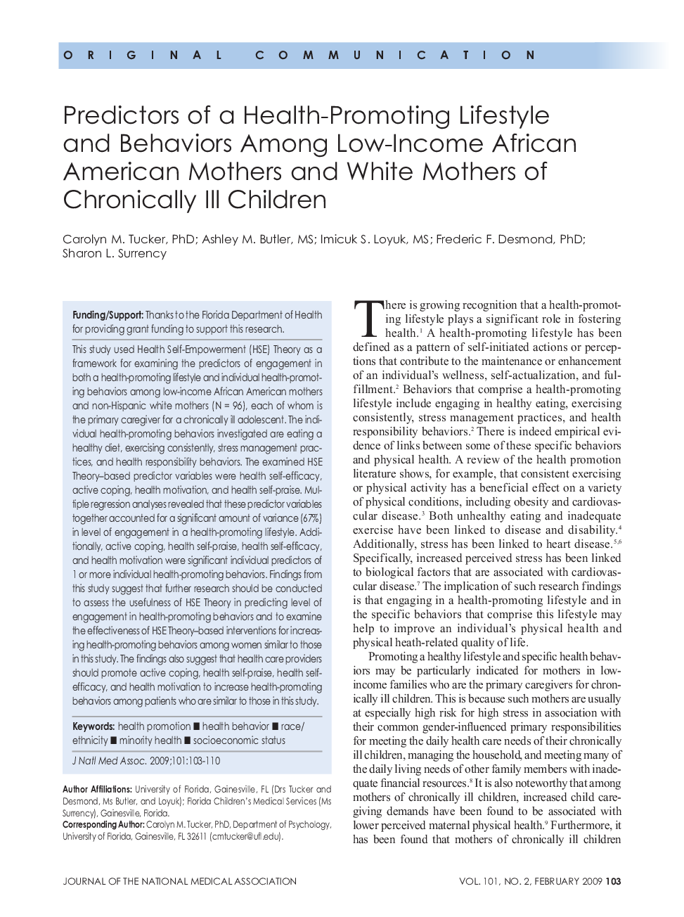 Predictors of a Health-Promoting Lifestyle and Behaviors Among Low-Income African American Mothers and White Mothers of Chronically Ill Children