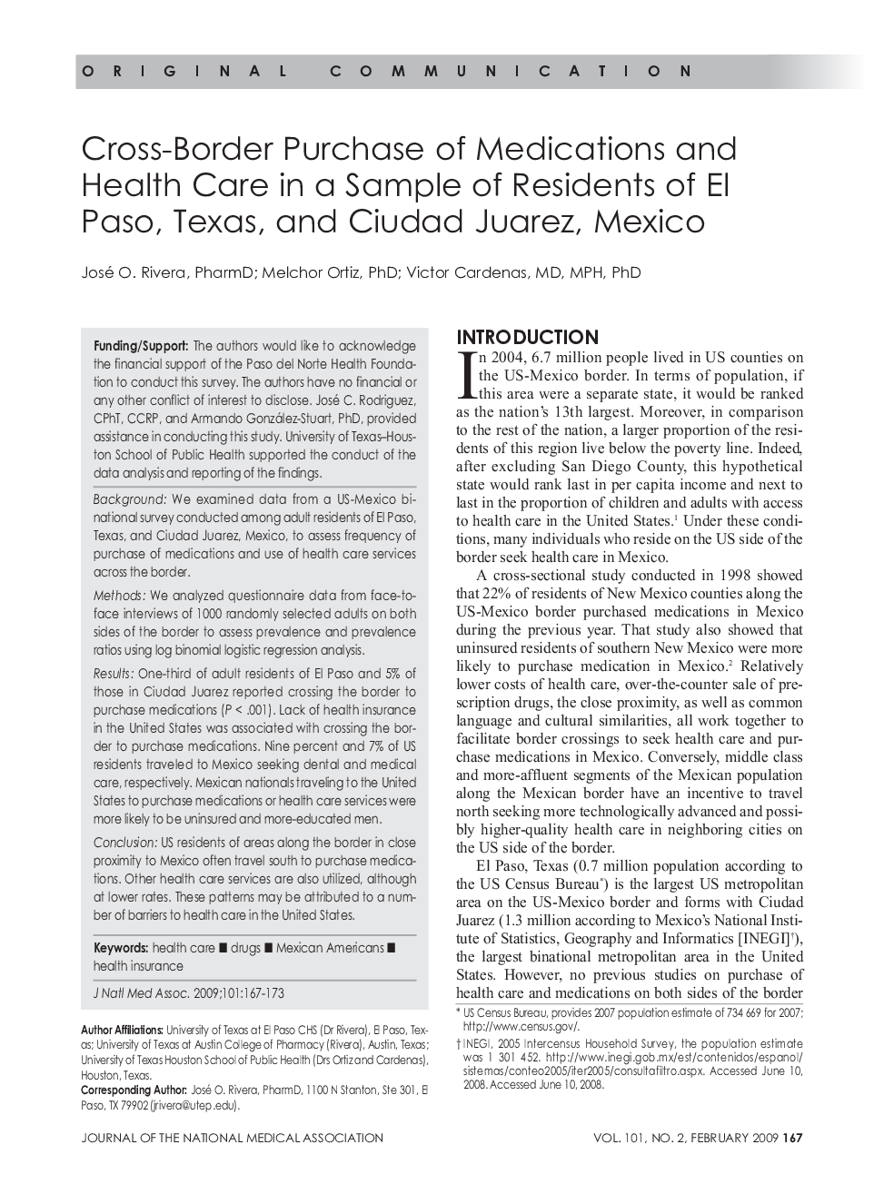 Cross-Border Purchase of Medications and Health Care in a Sample of Residents of El Paso, Texas, and Ciudad Juarez, Mexico