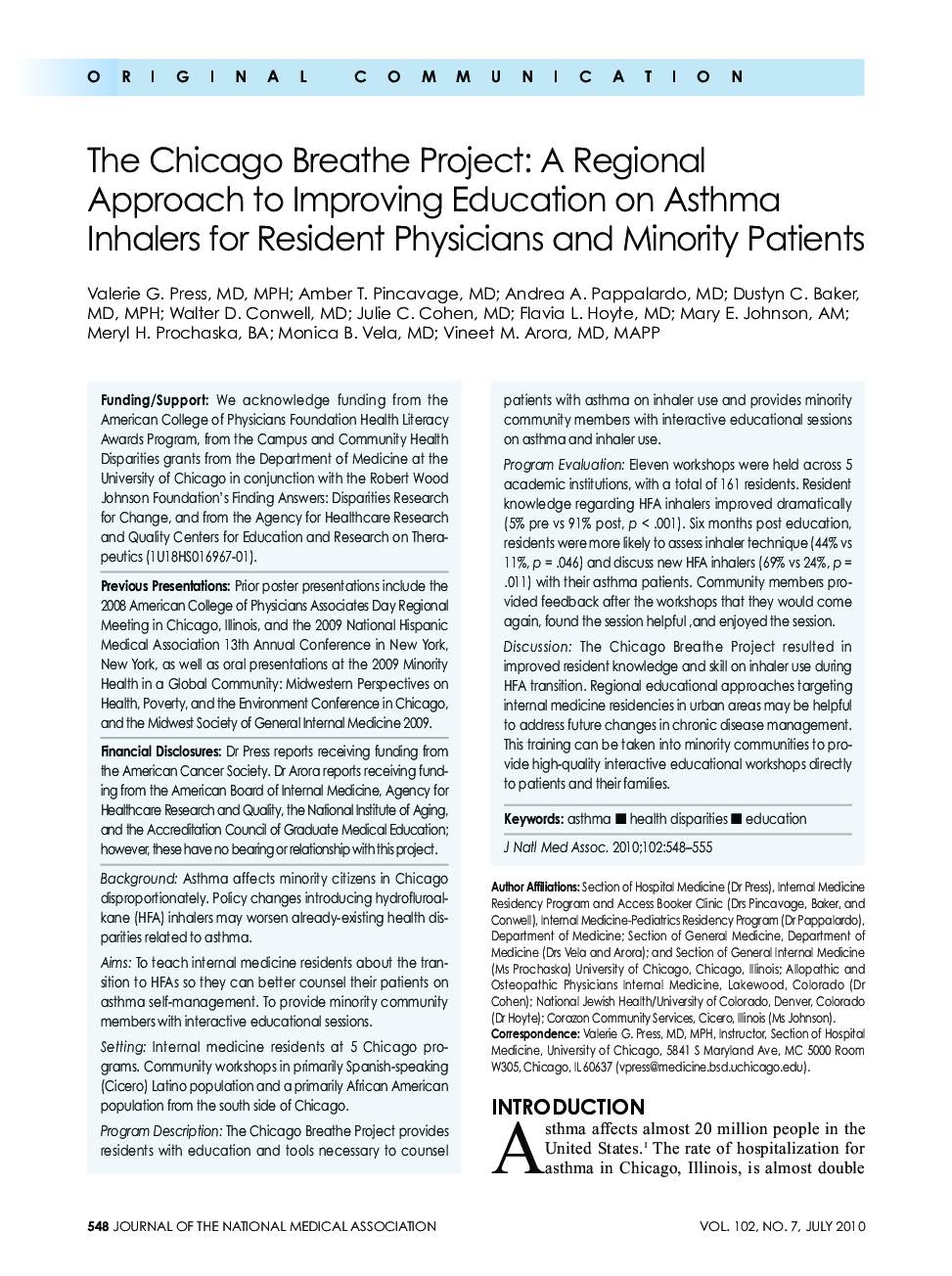 The Chicago Breathe Project: A Regional Approach to Improving Education on Asthma Inhalers for Resident Physicians and Minority Patients