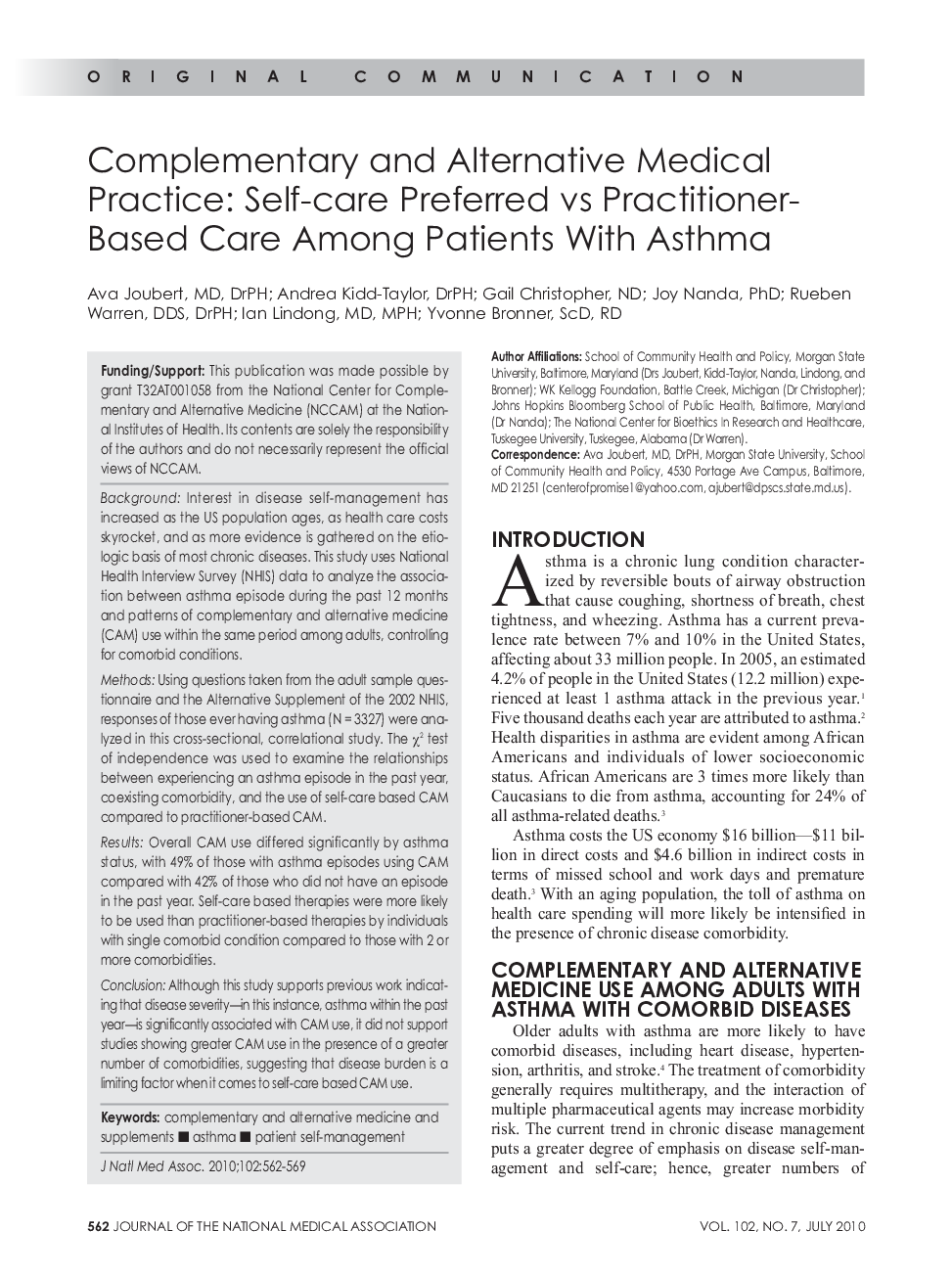 Complementary and Alternative Medical Practice: Self-care Preferred vs Practitioner-Based Care Among Patients With Asthma