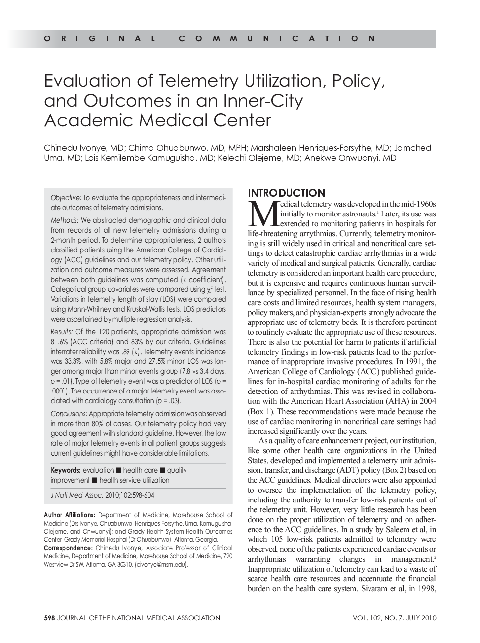 Evaluation of Telemetry Utilization, Policy, and Outcomes in an Inner-City Academic Medical Center