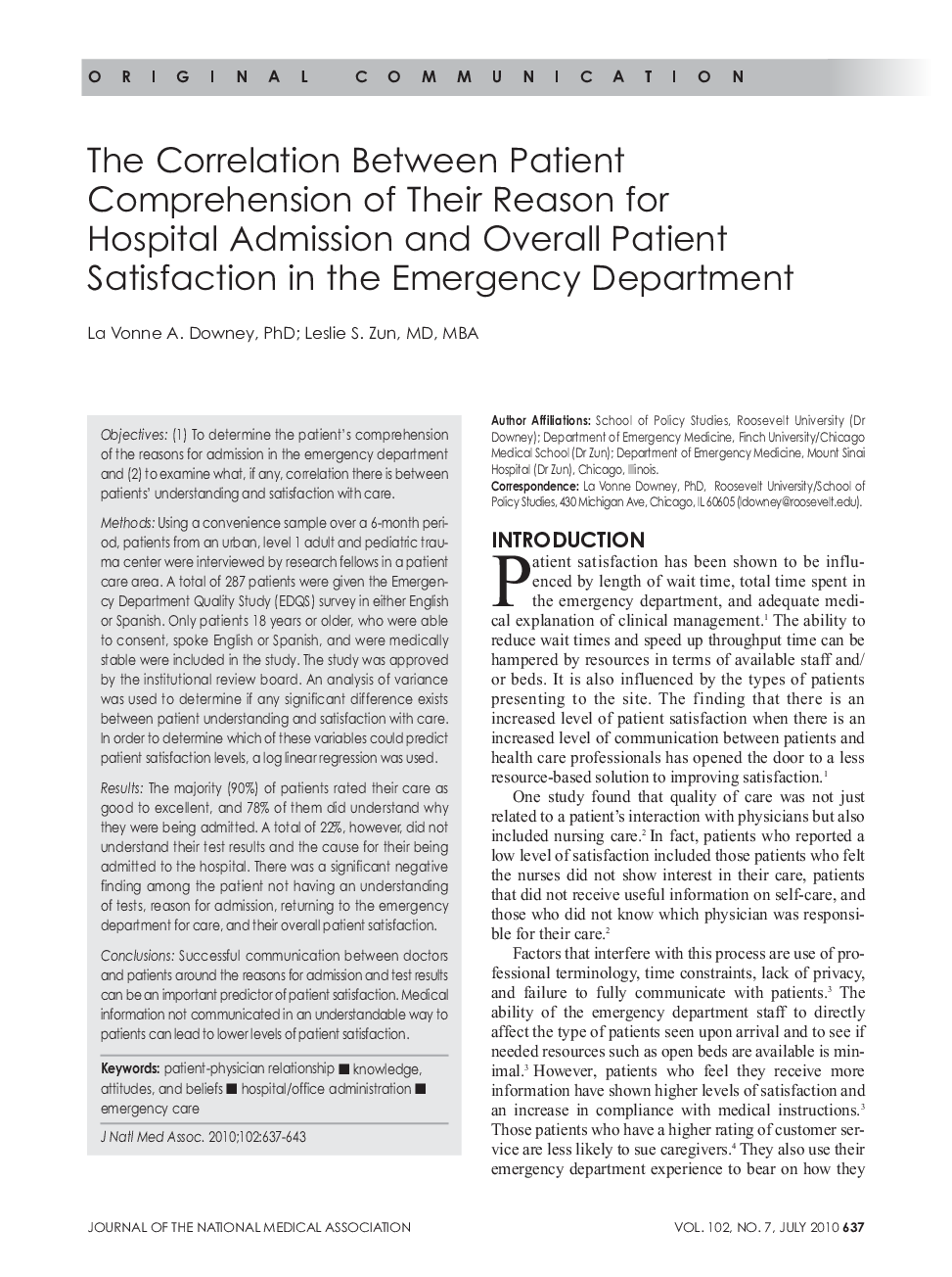The Correlation Between Patient Comprehension of Their Reason for Hospital Admission and Overall Patient Satisfaction in the Emergency Department