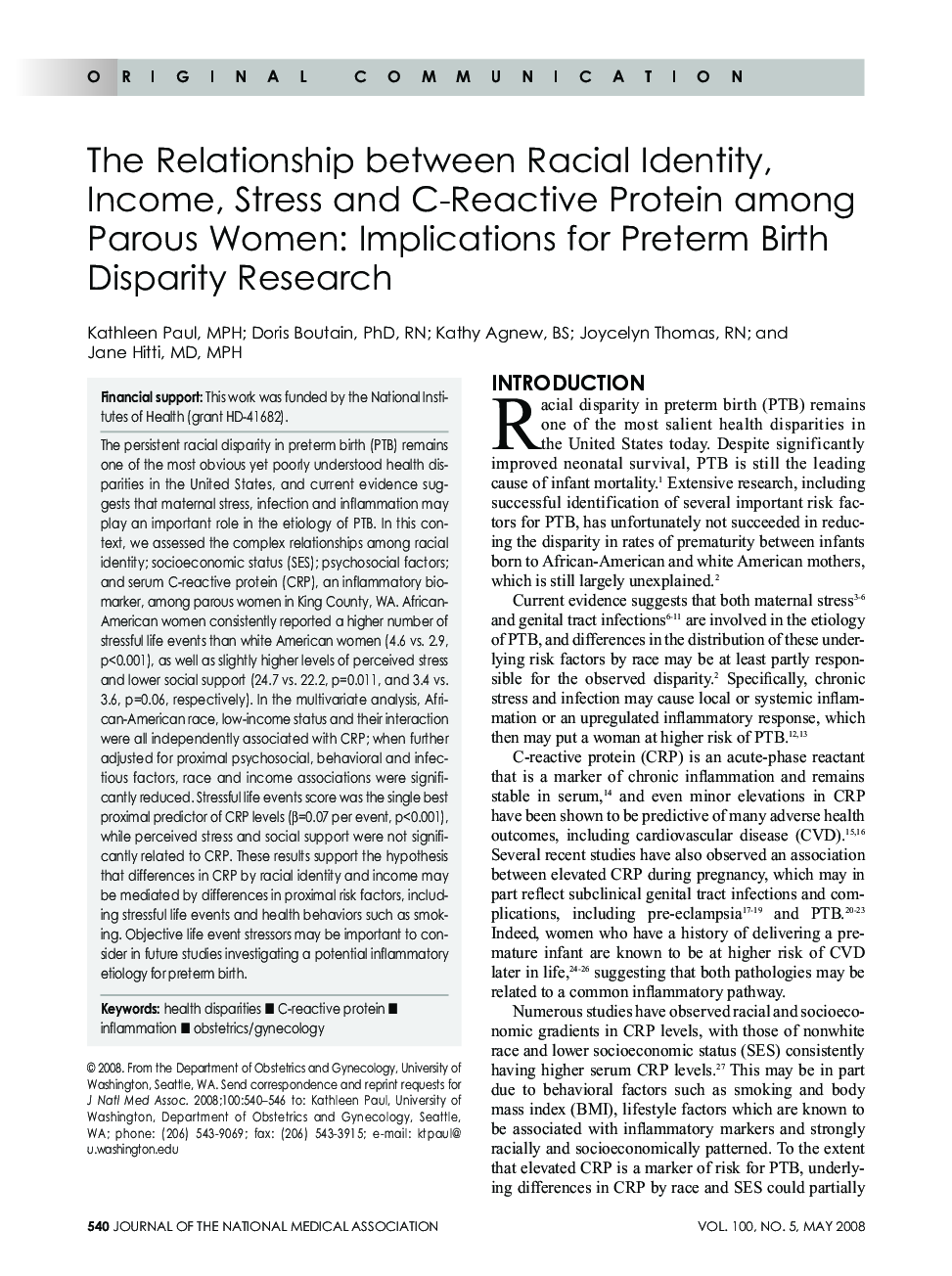 The Relationship between Racial Identity, Income, Stress and C-Reactive Protein among Parous Women: Implications for Preterm Birth Disparity Research