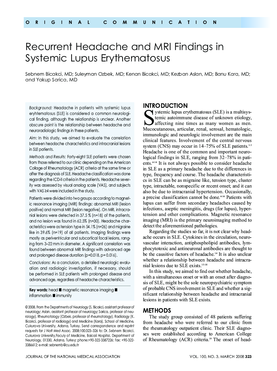 عکس صفحه اول مقاله: Recurrent Headache and MRI Findings in Systemic Lupus Erythematosus Recurrent Headache and MRI Findings in Systemic Lupus Erythematosus