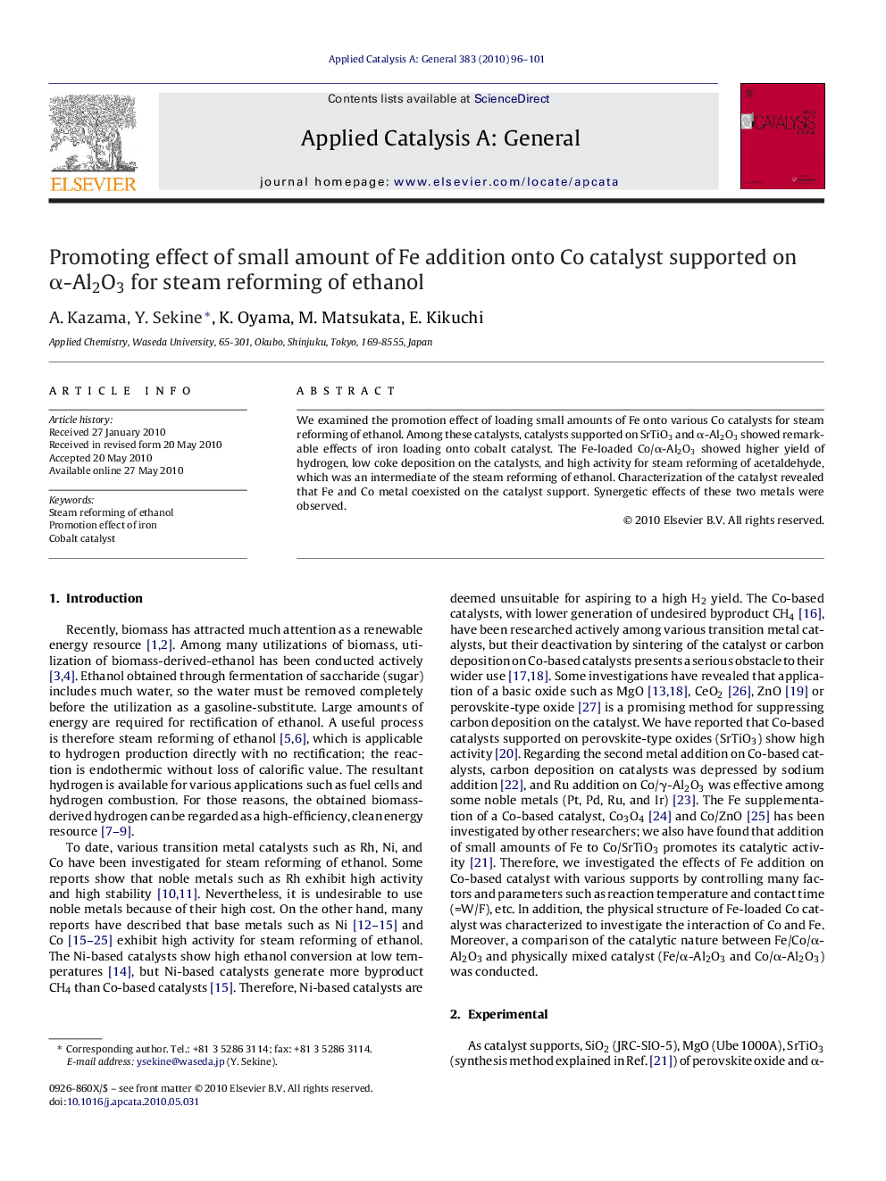 Promoting effect of small amount of Fe addition onto Co catalyst supported on α-Al2O3 for steam reforming of ethanol