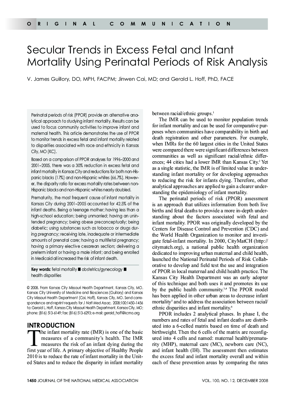 Secular Trends in Excess Fetal and Infant Mortality Using Perinatal Periods of Risk Analysis