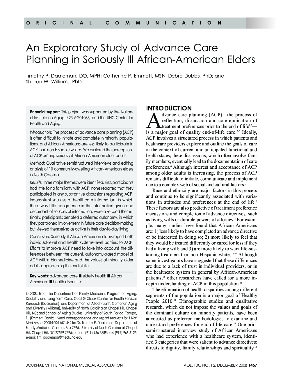 An Exploratory Study of Advance Care Planning in Seriously Ill African-American Elders