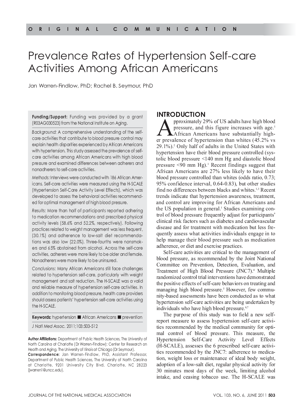 عکس صفحه اول مقاله: Prevalence Rates of Hypertension Self-care Activities Among African Americans Prevalence Rates of Hypertension Self-care Activities Among African Americans