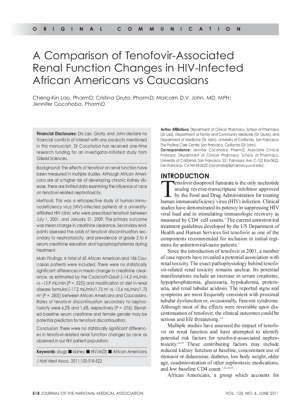 A Comparison of Tenofovir-Associated Renal Function Changes in HIV-infected African Americans vs Caucasians