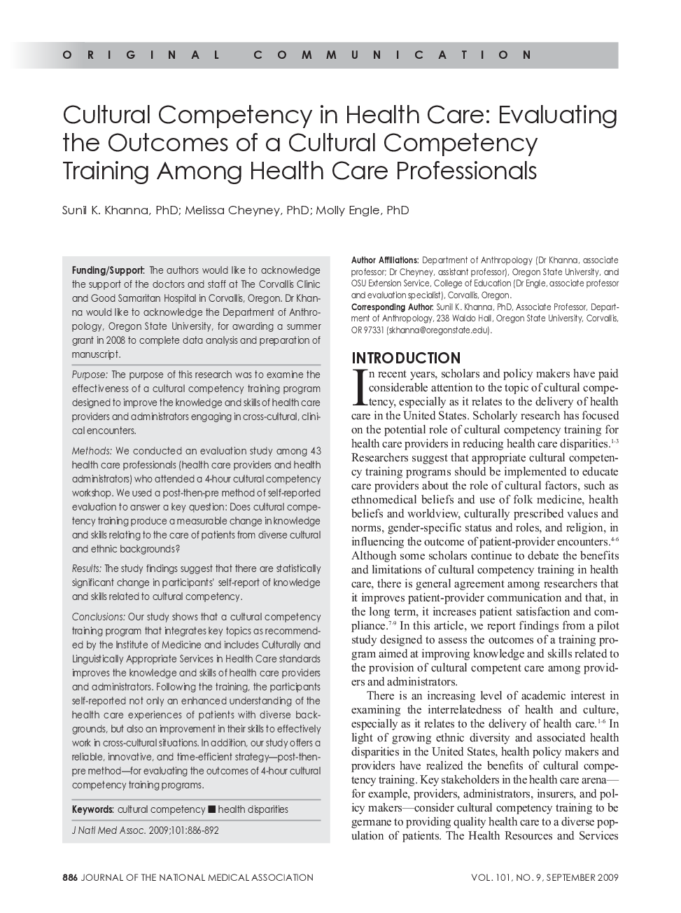 Cultural Competency in Health Care: Evaluating the Outcomes of a Cultural Competency Training Among Health Care Professionals