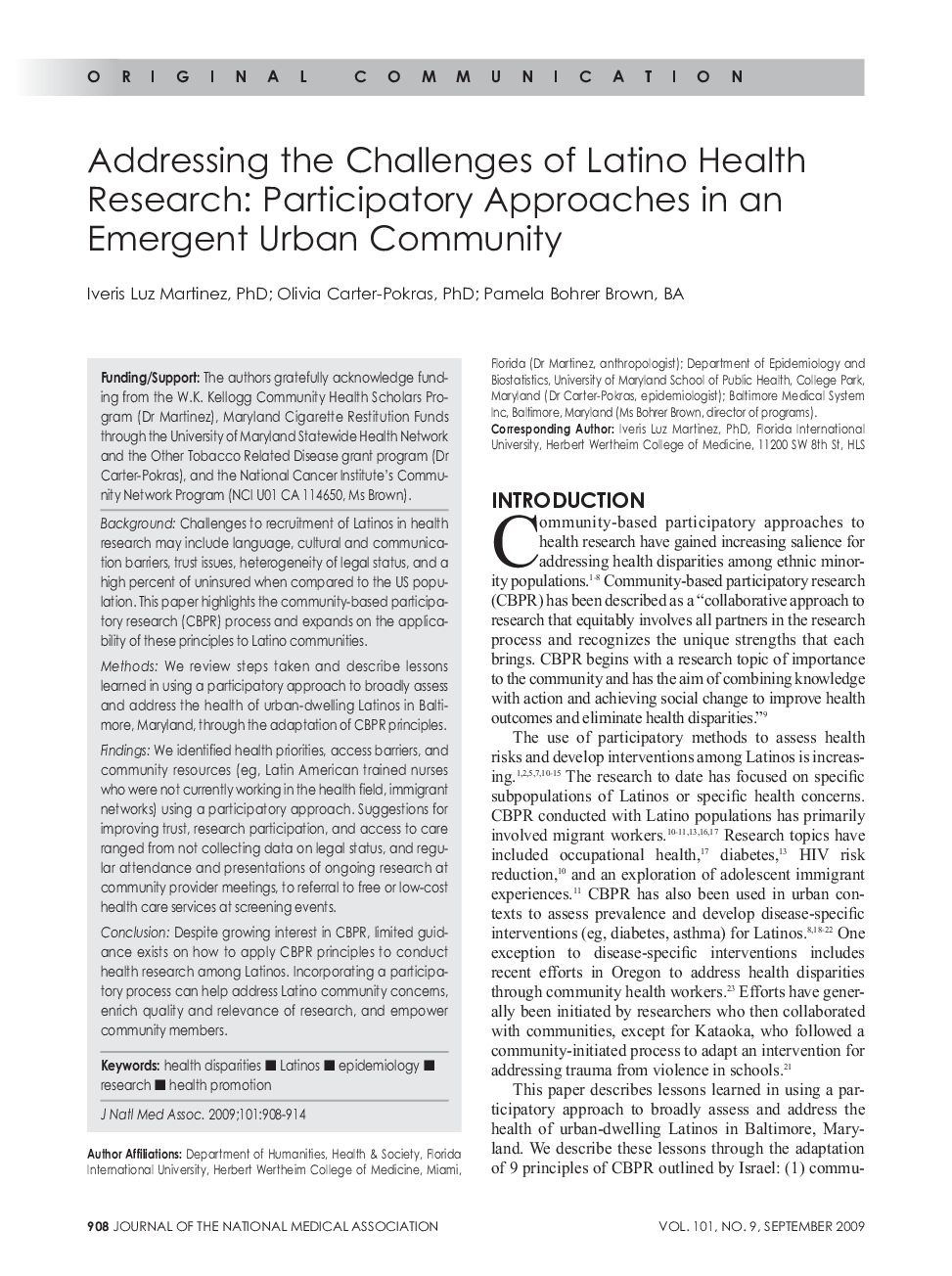 Addressing the Challenges of Latino Health Research: Participatory Approaches in an Emergent Urban Community