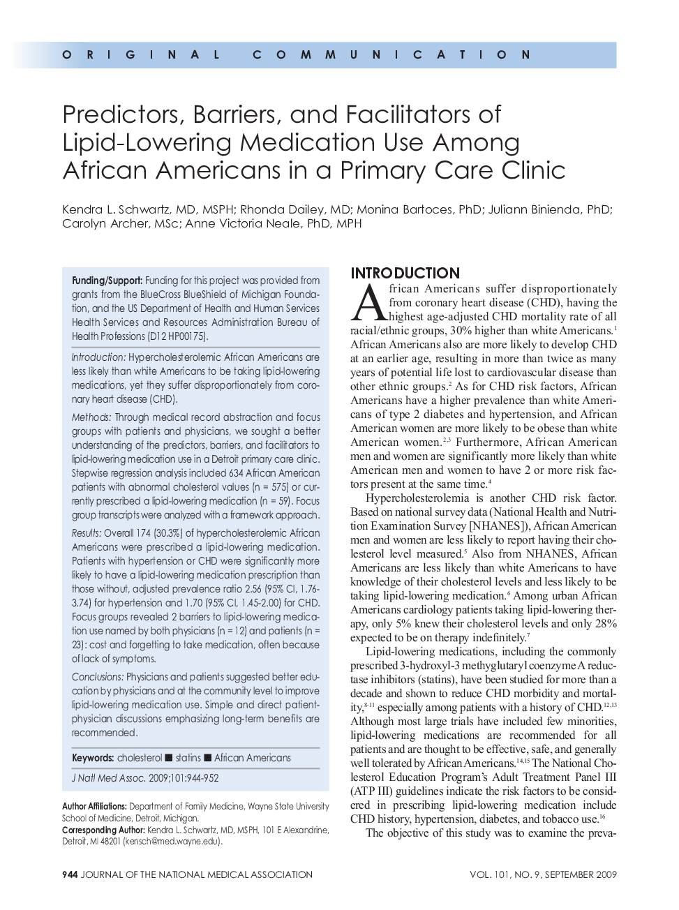 Predictors, Barriers, and Facilitators of Lipid-Lowering Medication Use Among African Americans in a Primary Care Clinic