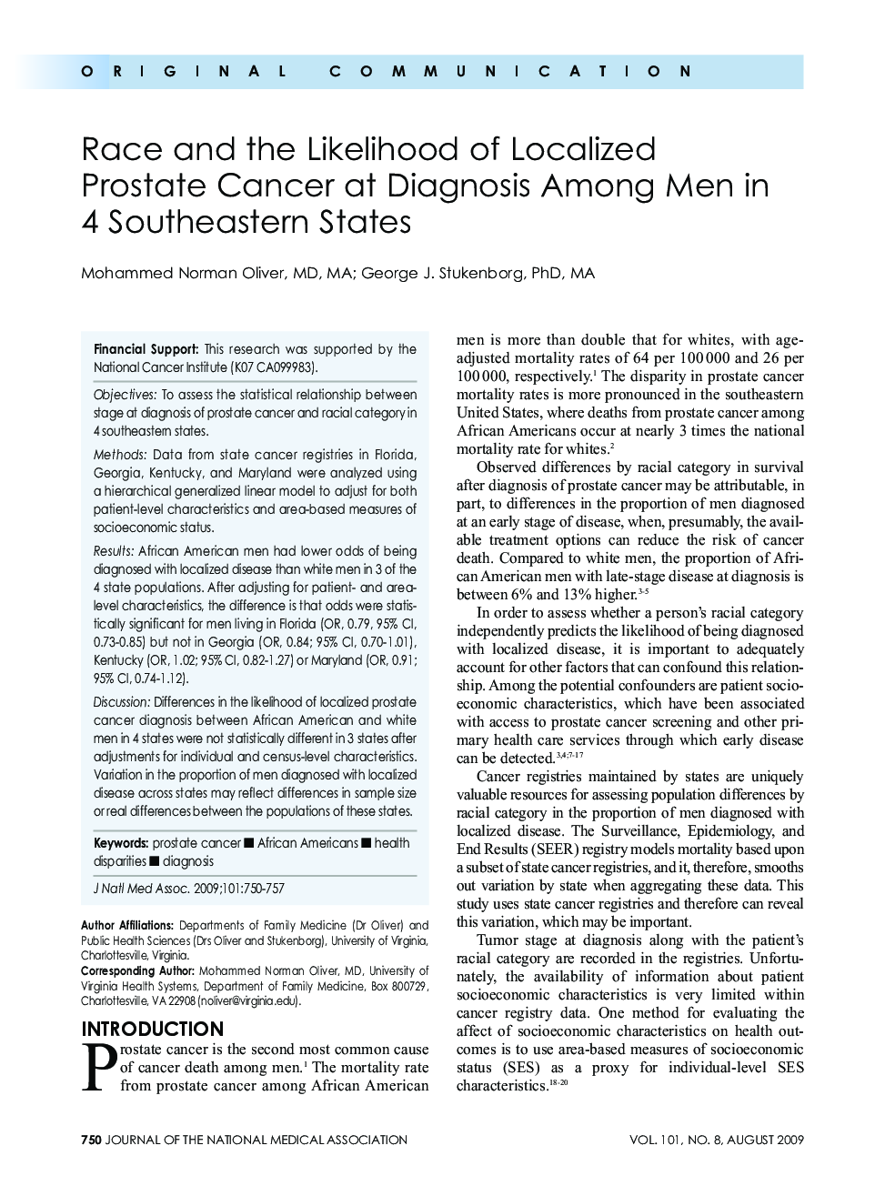 Race and the Likelihood of Localized Prostate Cancer at Diagnosis Among Men in 4 Southeastern States