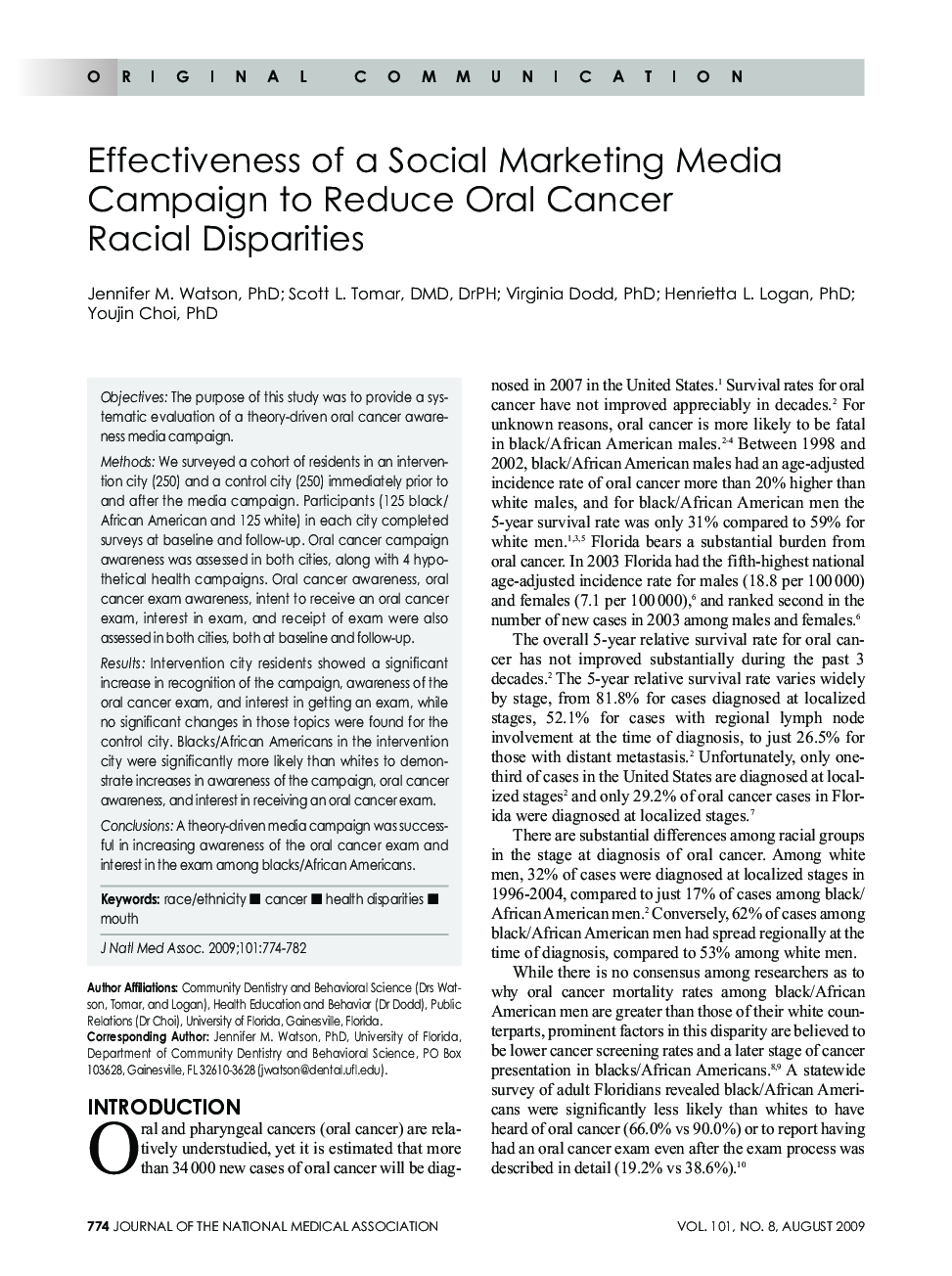 Effectiveness of a Social Marketing Media Campaign to Reduce Oral Cancer Racial Disparities