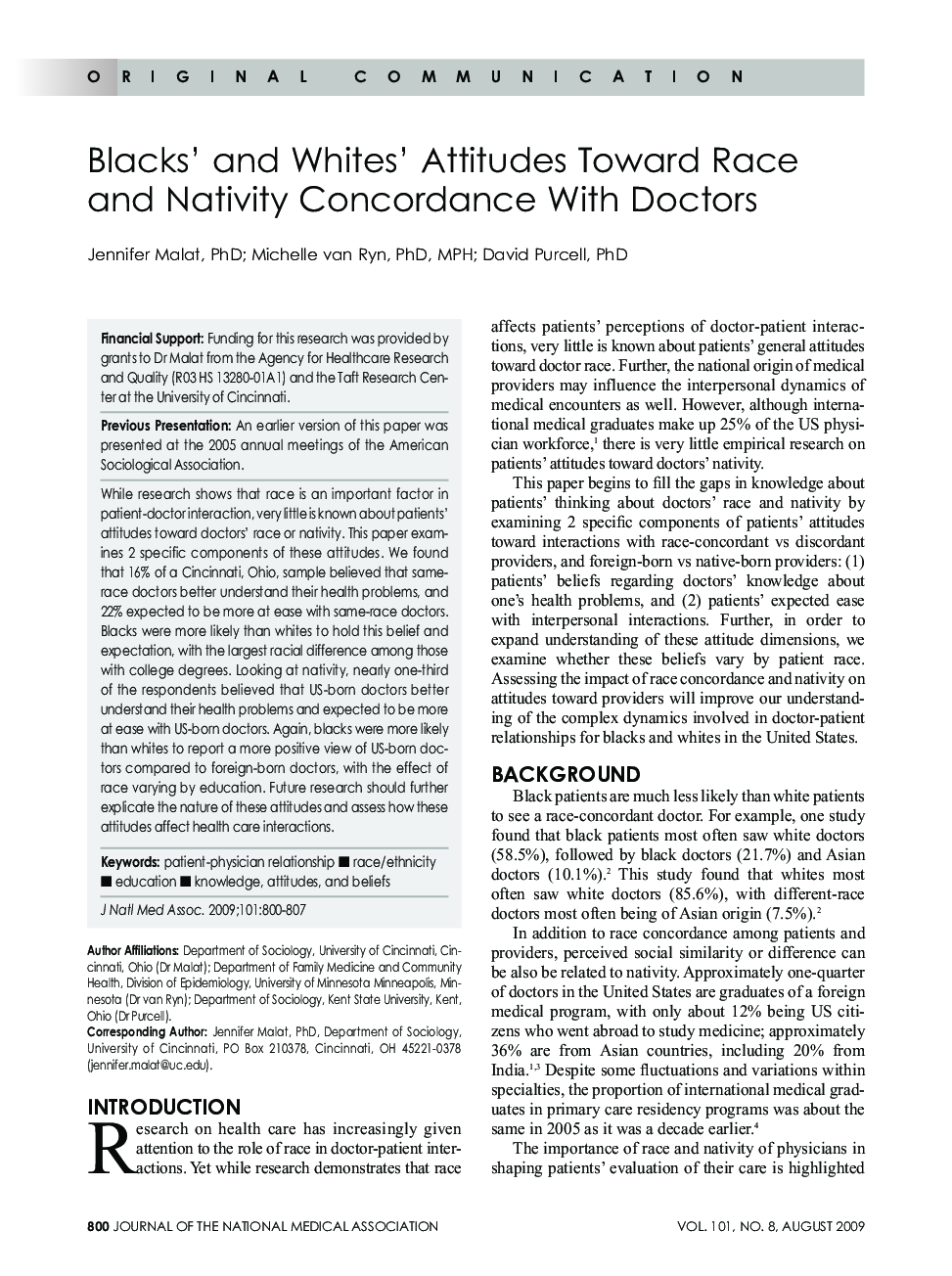 Blacks' and Whites' Attitudes Toward Race and Nativity Concordance With Doctors