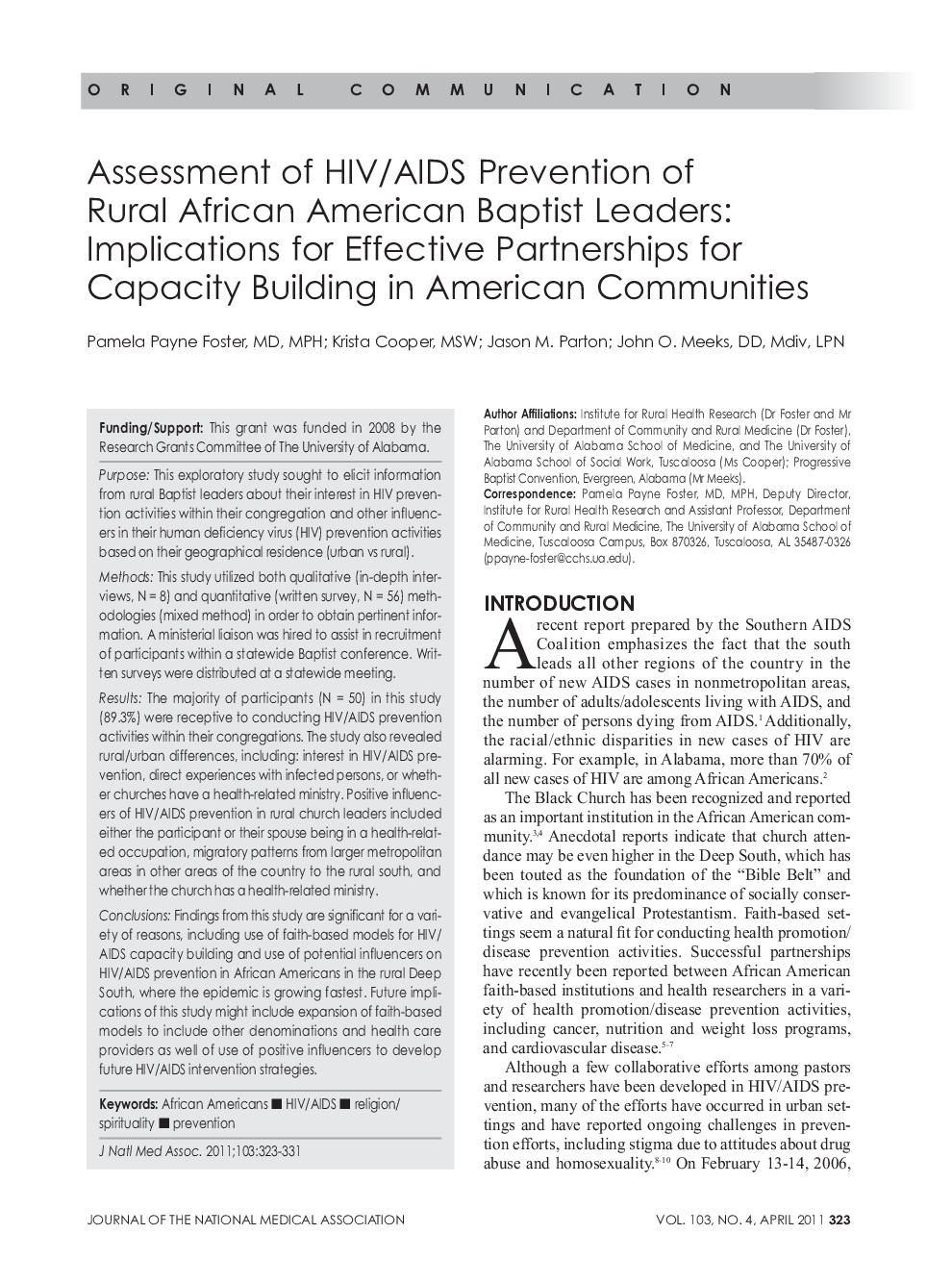 عکس صفحه اول مقاله: Assessment of HIV/AIDS Prevention of Rural African American Baptist Leaders: Implications for Effective Partnerships for Capacity Building in American Communities Assessment of HIV/AIDS Prevention of Rural African American Baptist Leaders: Implications for Effective Partnerships for Capacity Building in American Communities