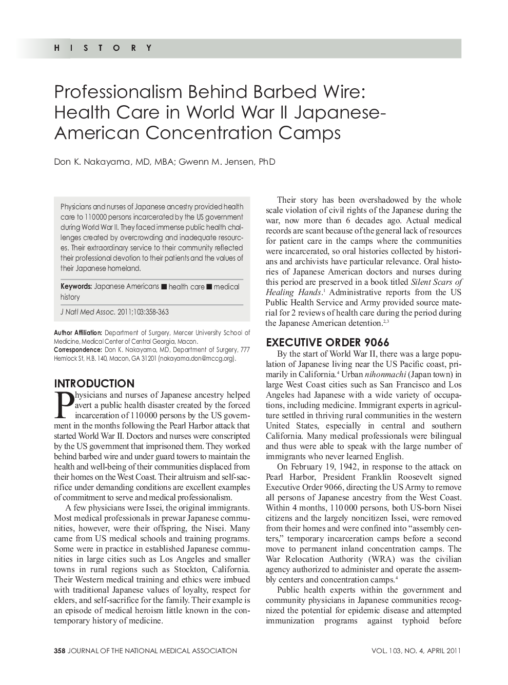 Professionalism Behind Barbed Wire: Health Care in World War II Japanese-American Concentration Camps