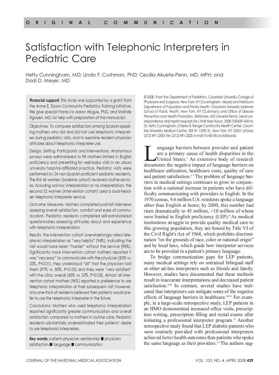 Satisfaction with Telephonic Interpreters in Pediatric Care