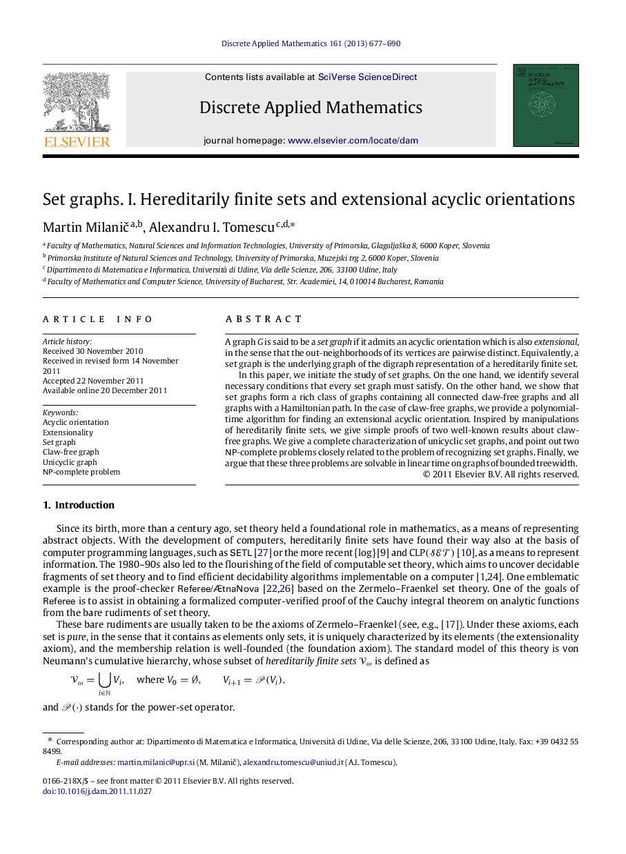 Set graphs. I. Hereditarily finite sets and extensional acyclic orientations