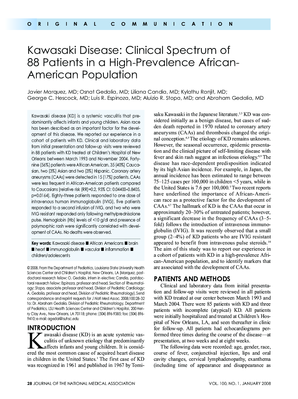 Kawasaki Disease: Clinical Spectrum of 88 Patients in a High-Prevalence African- American Population