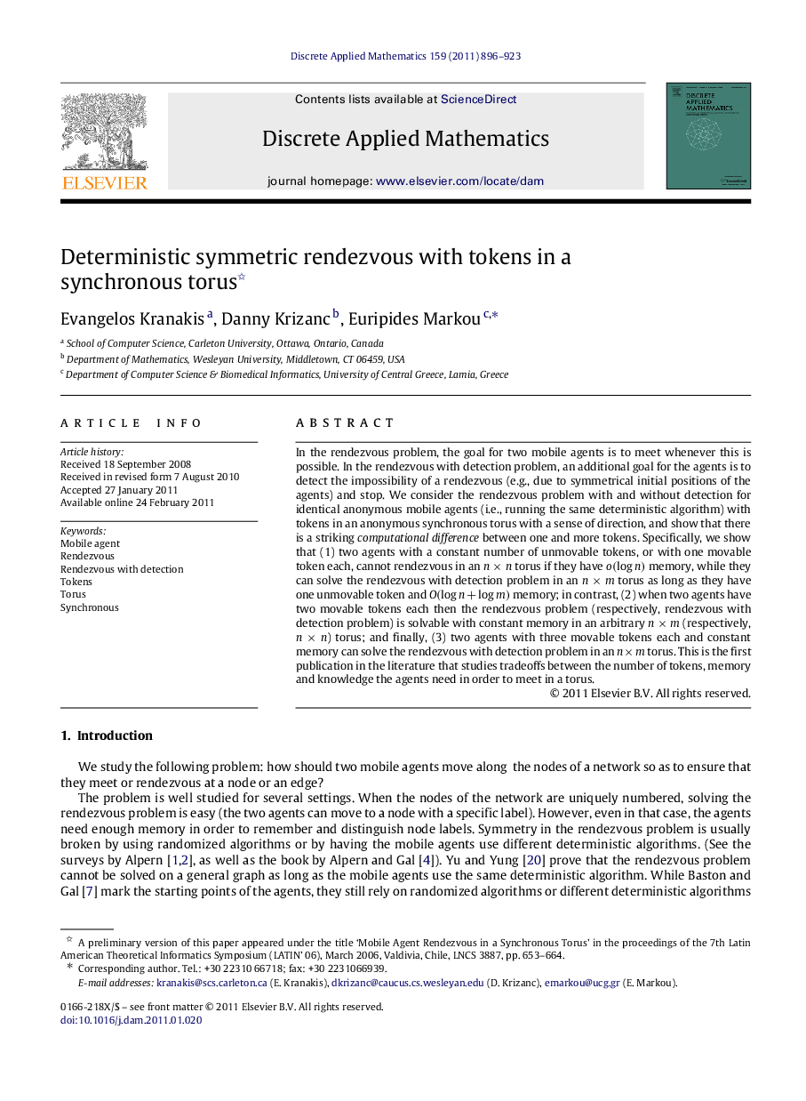 Deterministic symmetric rendezvous with tokens in a synchronous torus 