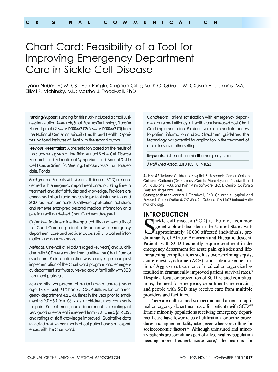 Chart Card: Feasibility of a Tool for Improving Emergency Department Care in Sickle Cell Disease