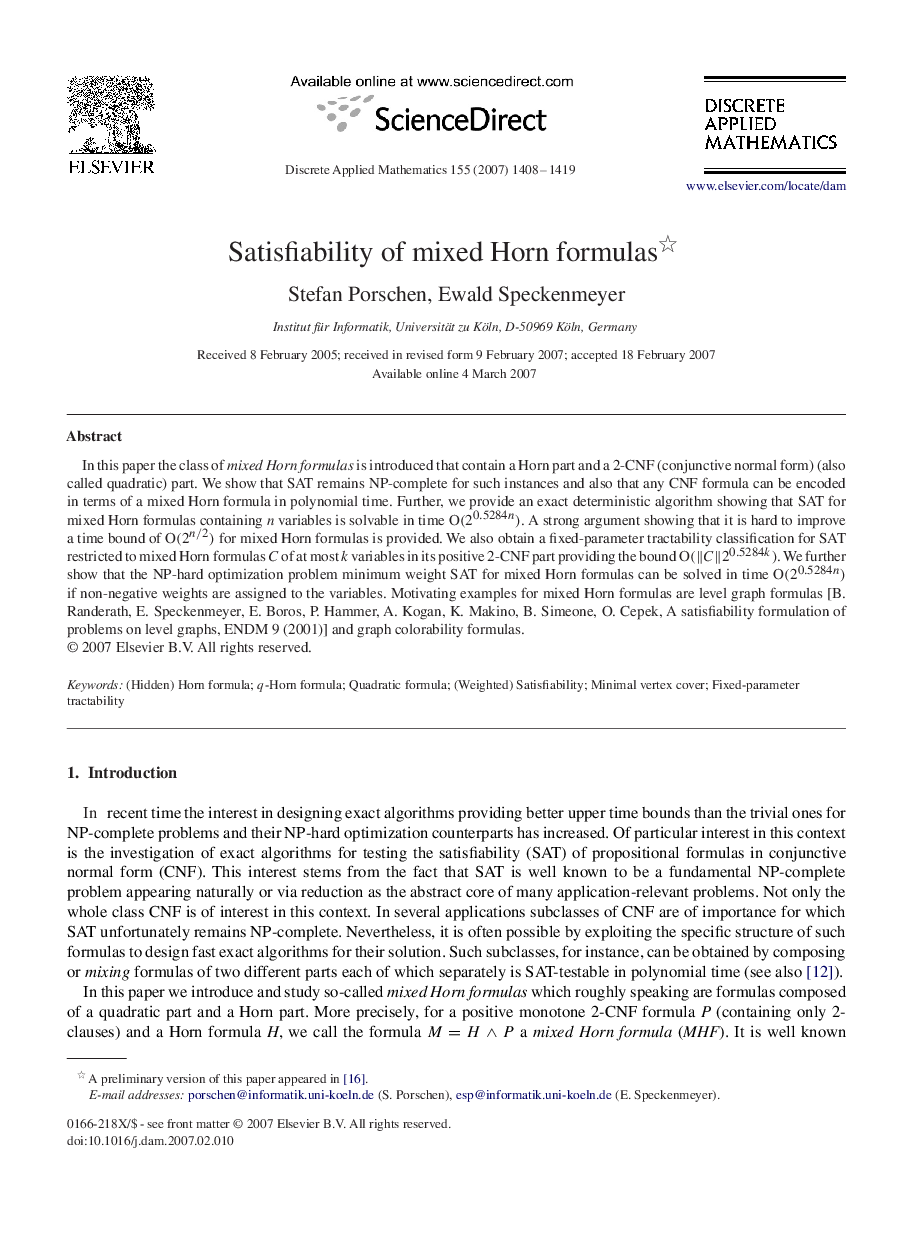 Satisfiability of mixed Horn formulas 