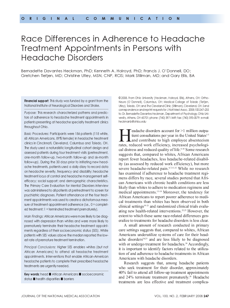 Race Differences in Adherence to Headache Treatment Appointments in Persons with Headache Disorders