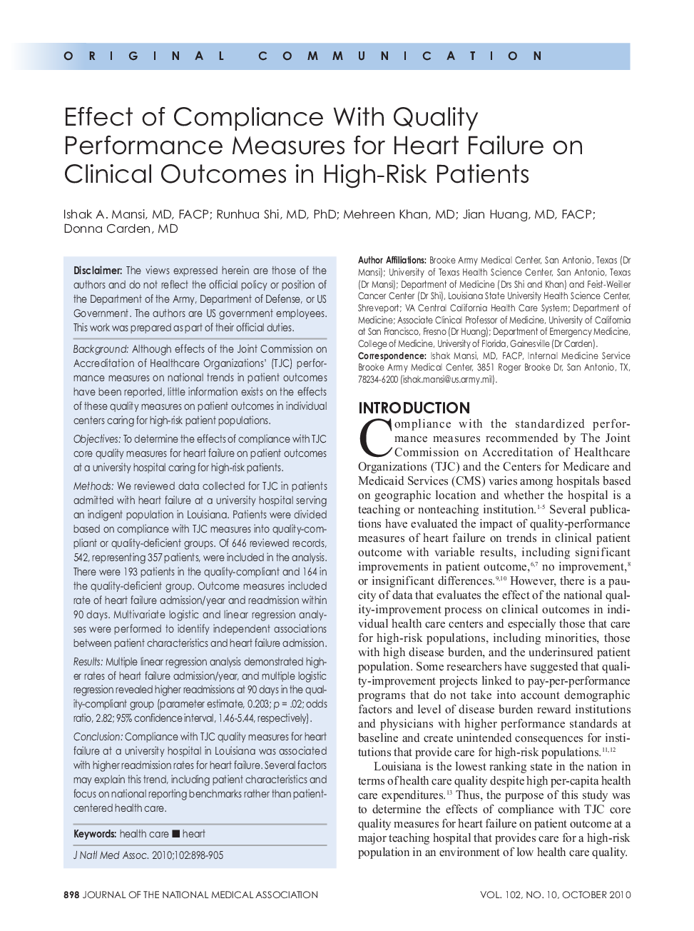 Effect of Compliance With Quality Performance Measures for Heart Failure on Clinical Outcomes in High-Risk Patients