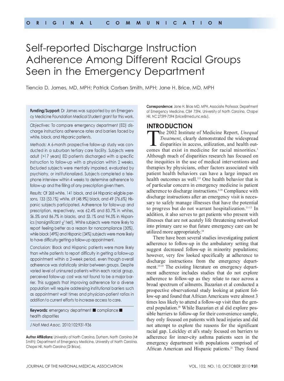 Self-reported Discharge Instruction Adherence Among Different Racial Groups Seen in the Emergency Department