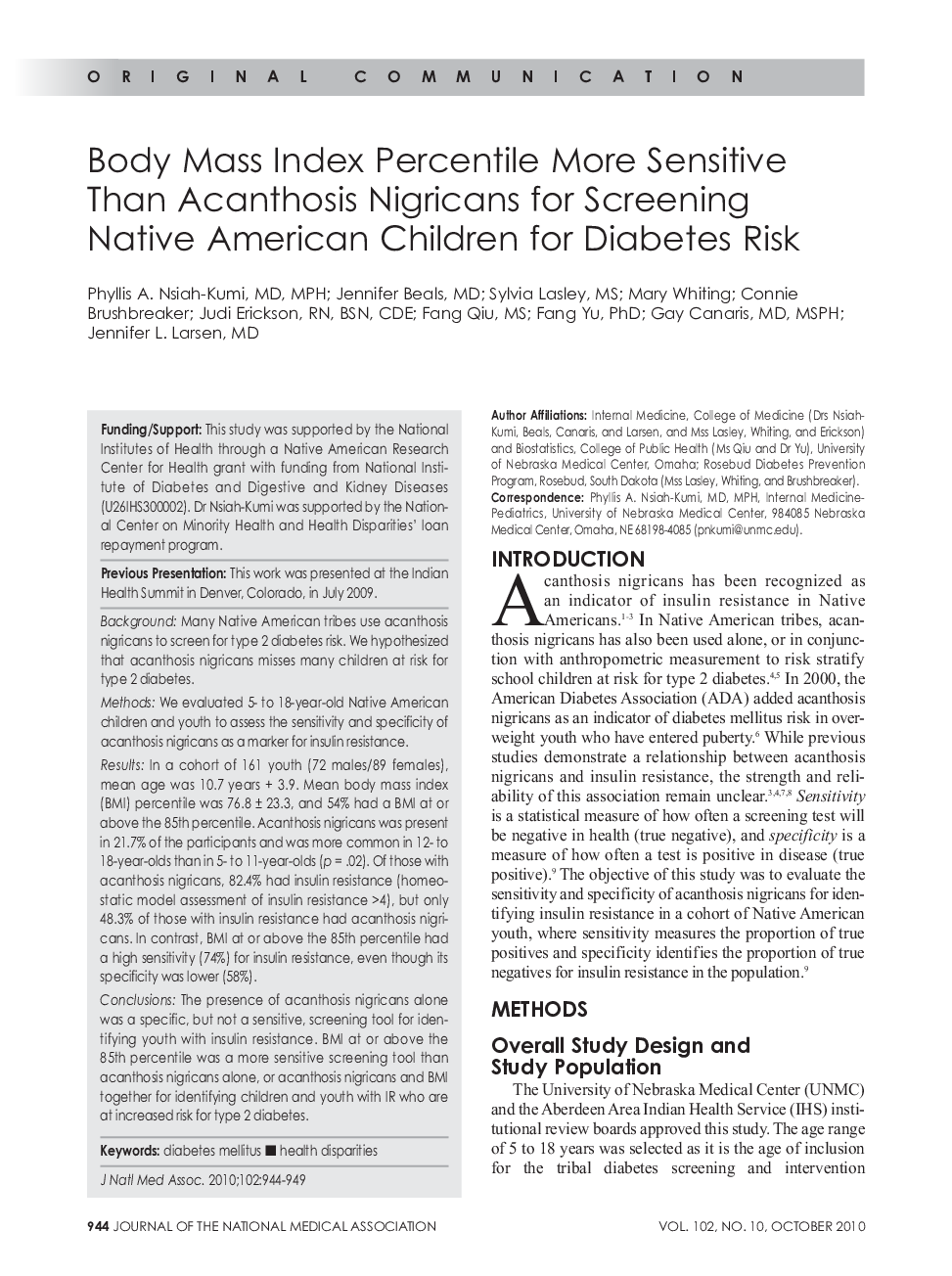 Body Mass Index Percentile More Sensitive Than Acanthosis Nigricans for Screening Native American Children for Diabetes Risk