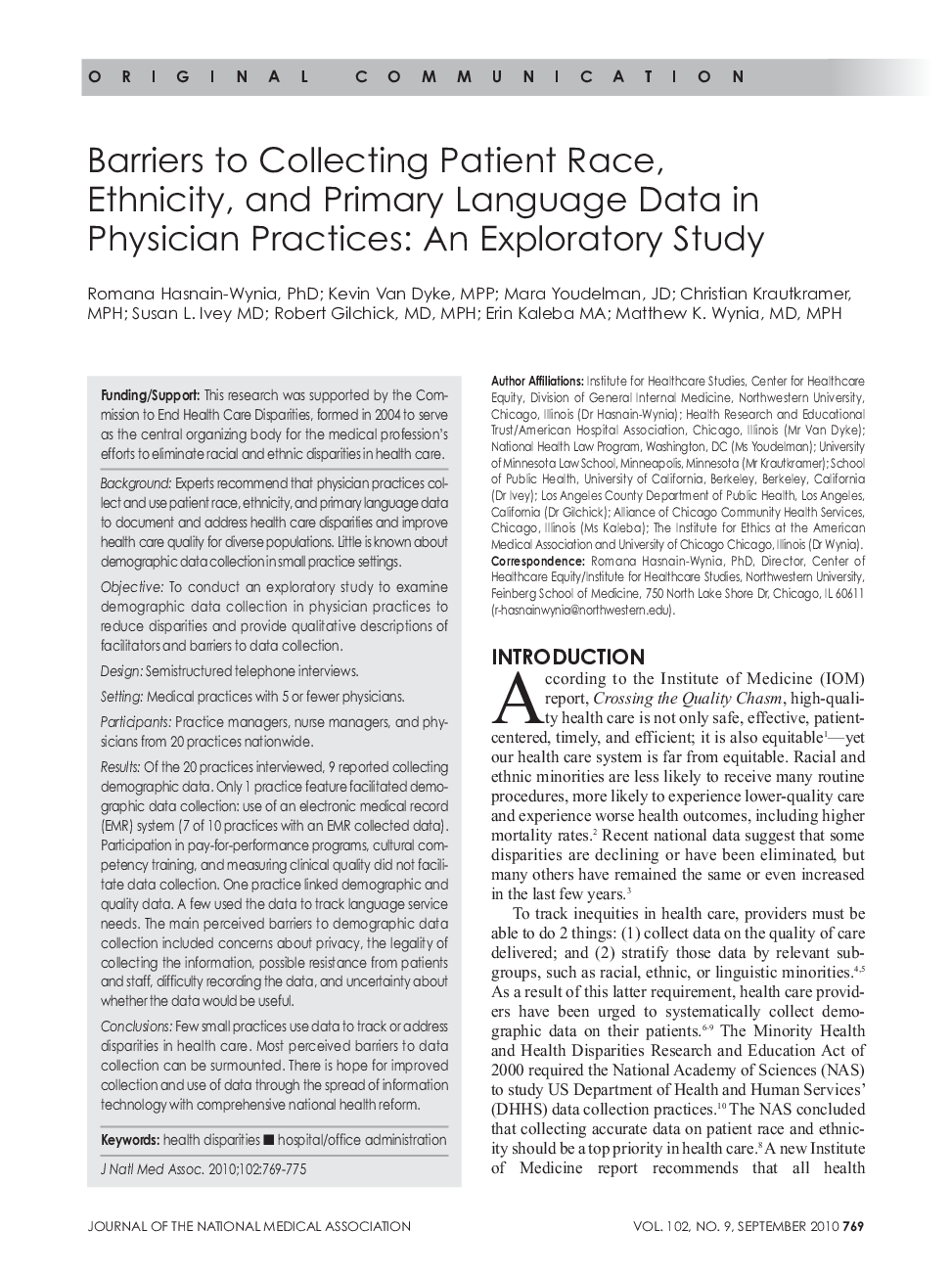 Barriers to Collecting Patient Race, Ethnicity, and Primary Language Data in Physician Practices: An Exploratory Study