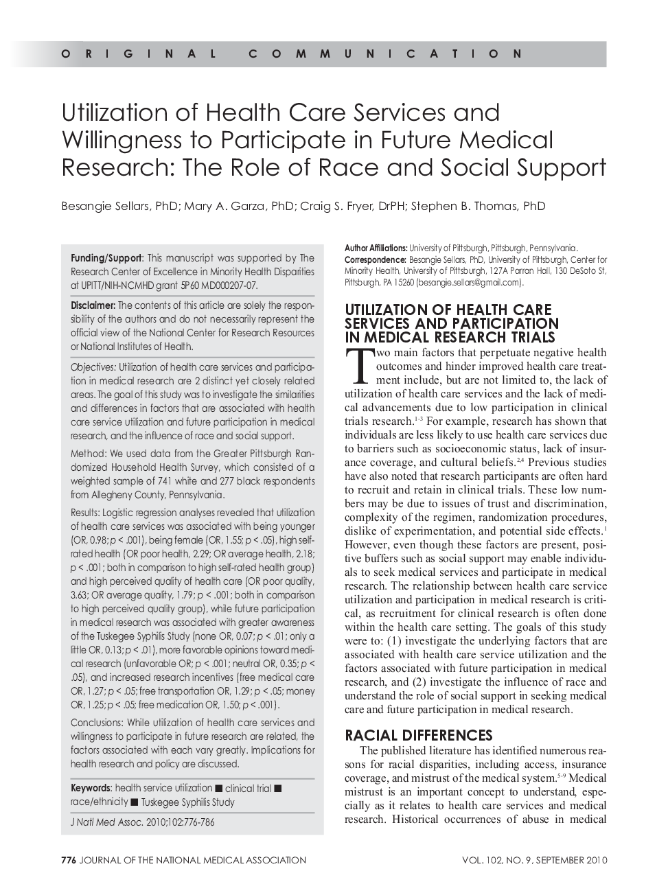 Utilization of Health Care Services and Willingness to Participate in Future Medical Research: The Role of Race and Social Support