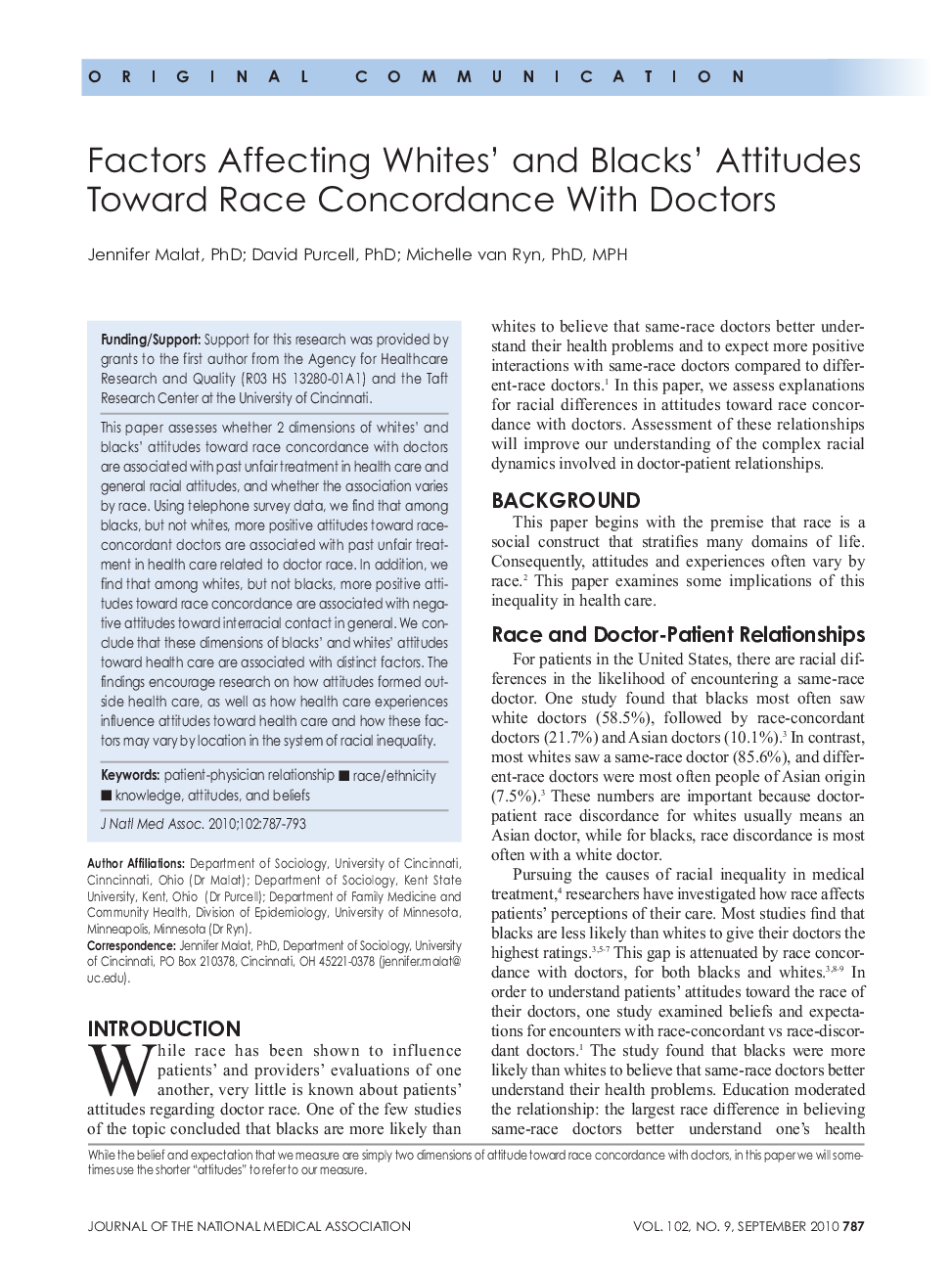 Factors Affecting Whites' and Blacks' Attitudes Toward Race Concordance With Doctors