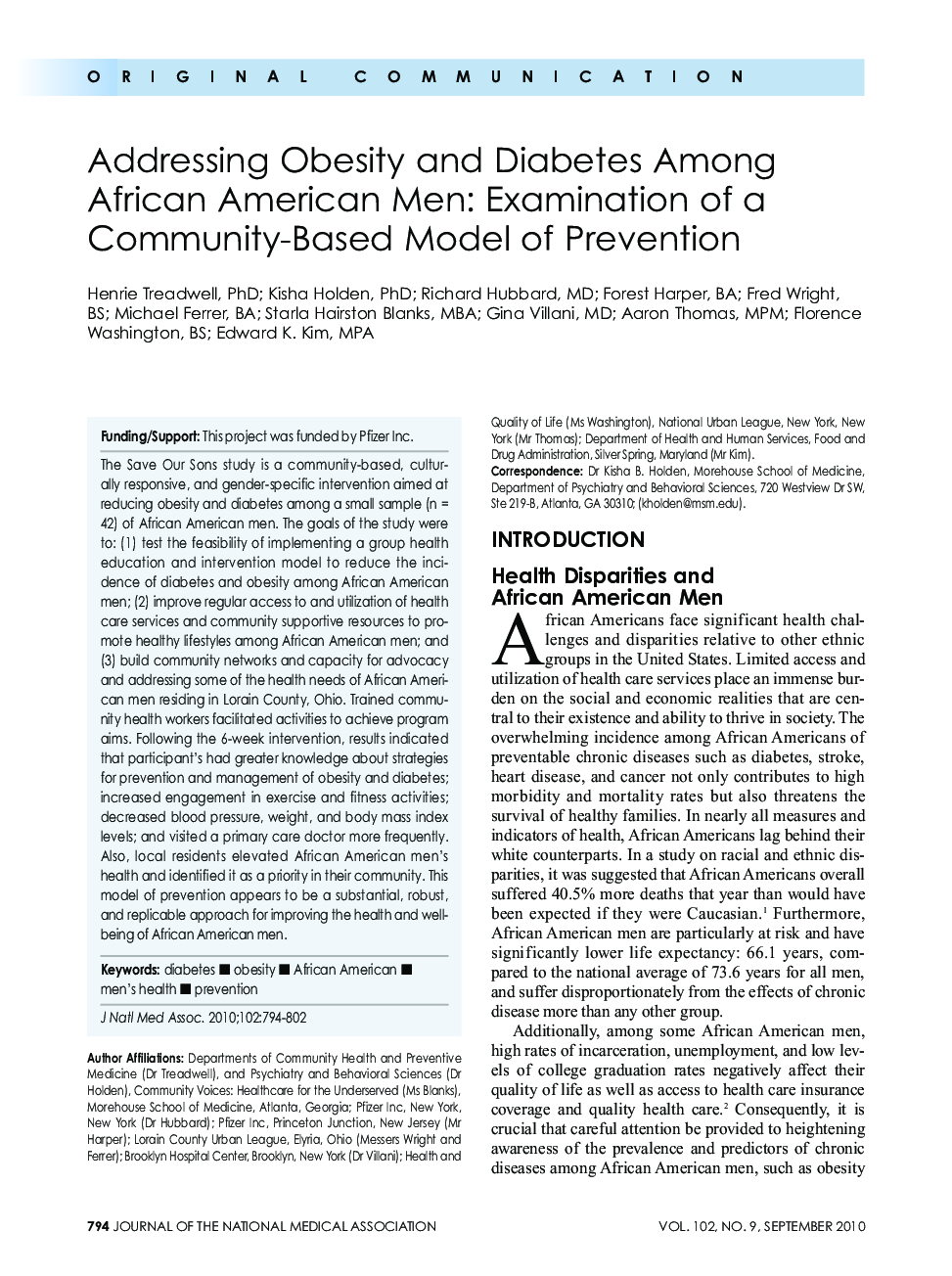 Addressing Obesity and Diabetes Among African American Men: Examination of a Community-Based Model of Prevention