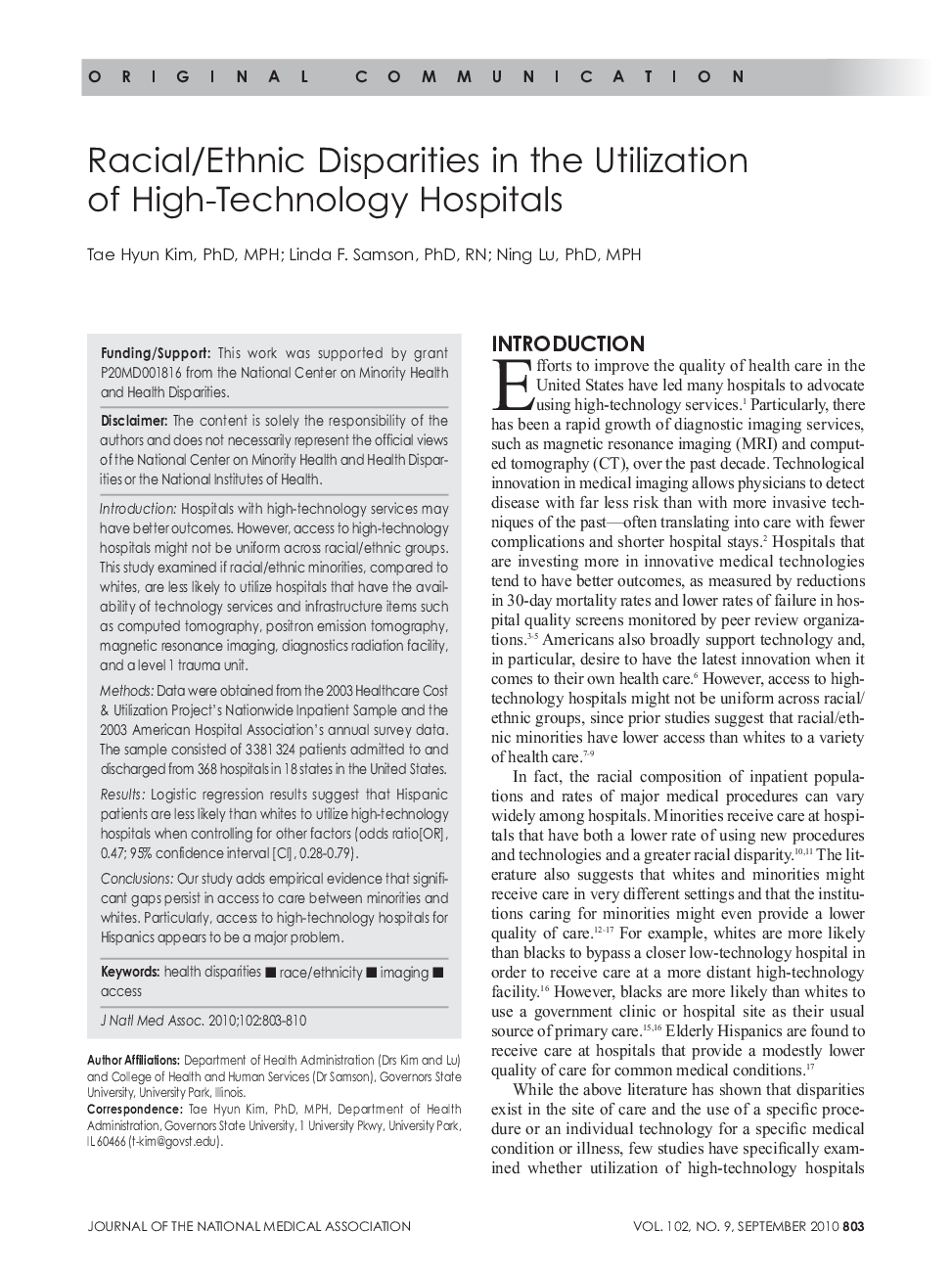 Racial/Ethnic Disparities in the Utilization of High-Technology Hospitals