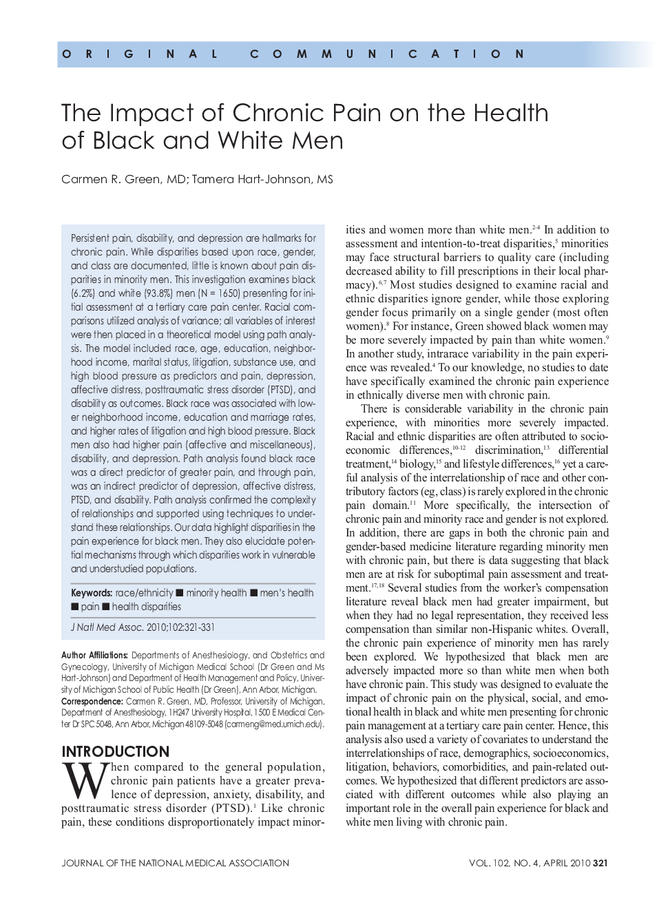 The Impact of Chronic Pain on the Health of Black and White Men