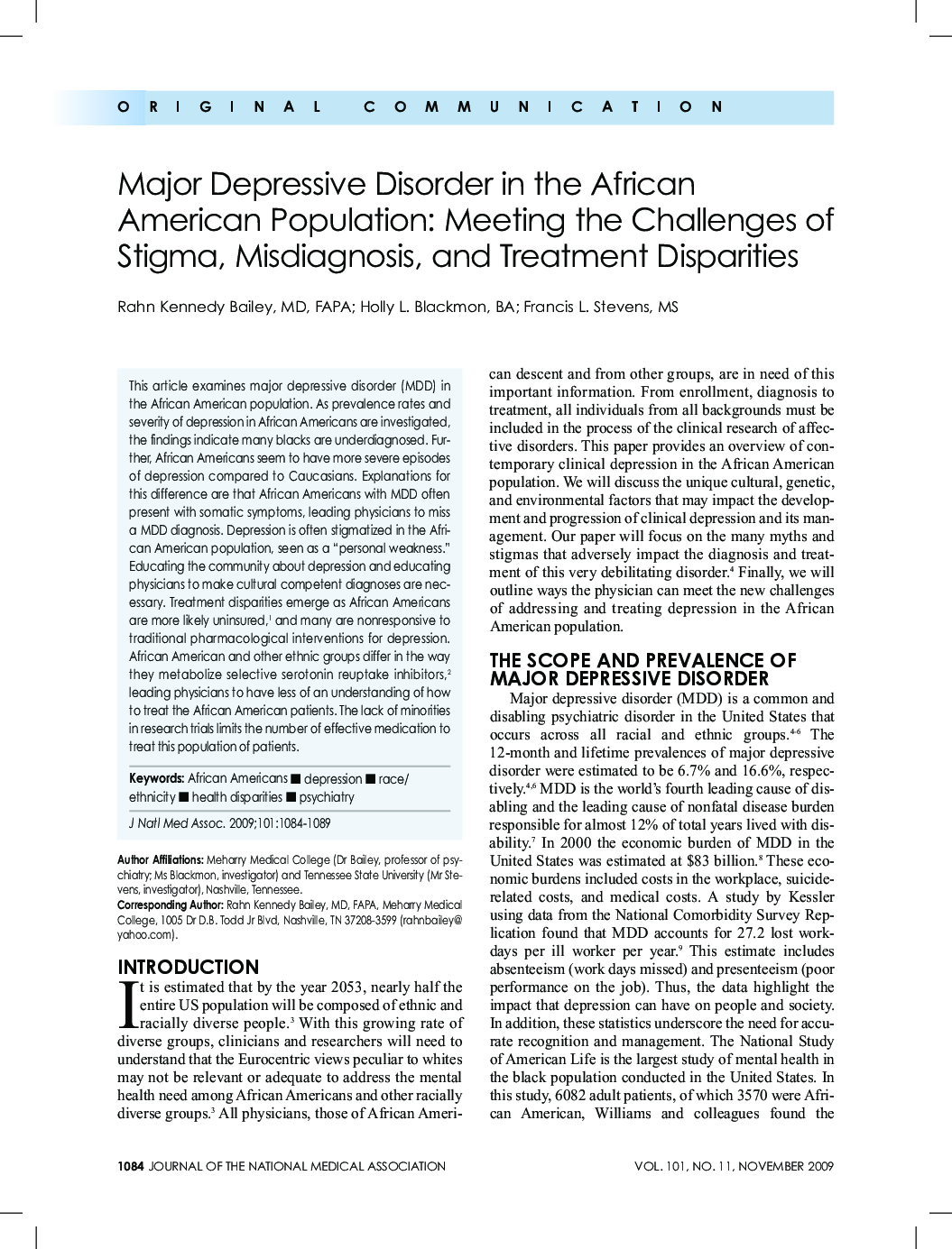 Major Depressive Disorder in the African American Population: Meeting the Challenges of Stigma, Misdiagnosis, and Treatment Disparities