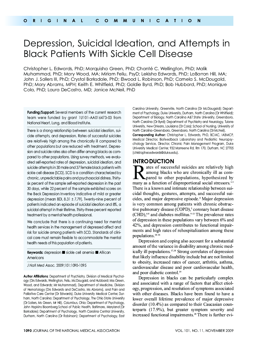 Depression, Suicidal Ideation, and Attempts in Black Patients With Sickle Cell Disease