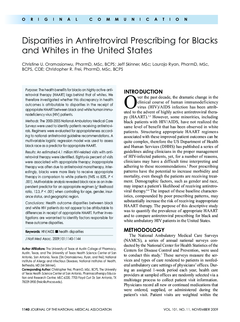 Disparities in Antiretroviral Prescribing for Blacks and Whites in the United States