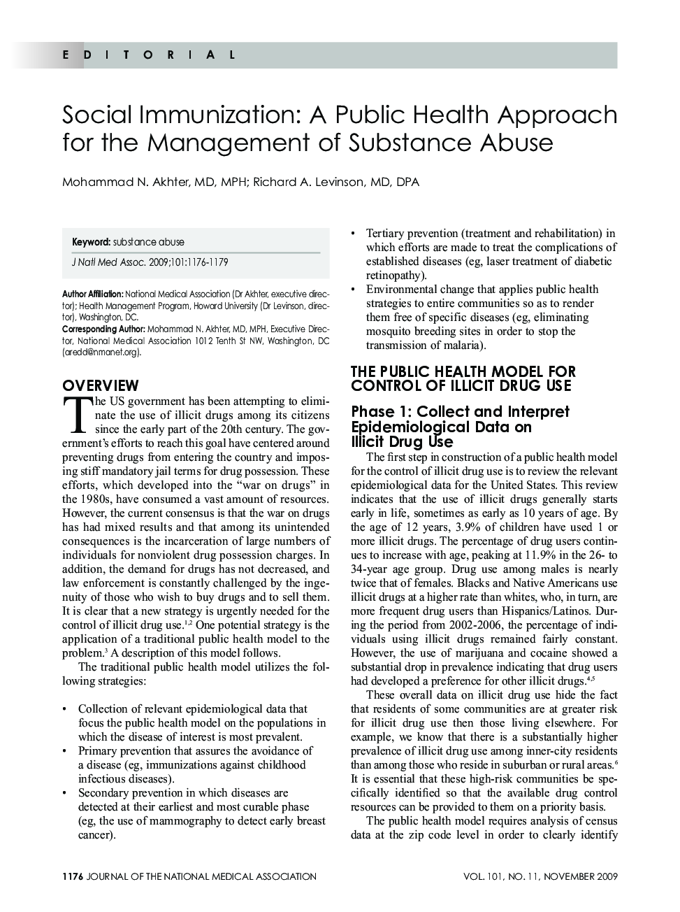 Social Immunization: A Public Health Approach for the Management of Substance Abuse