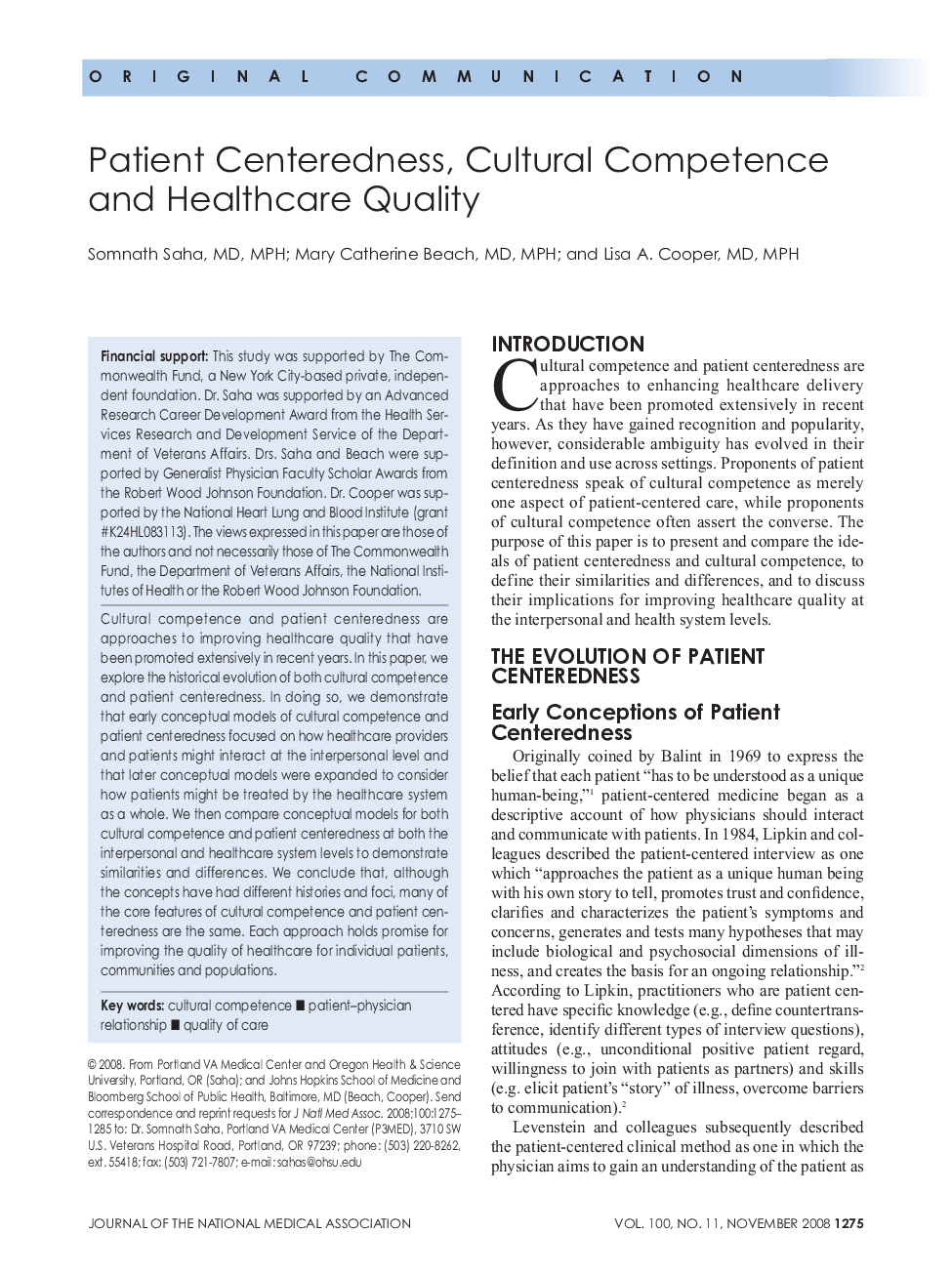 Patient Centeredness, Cultural Competence and Healthcare Quality